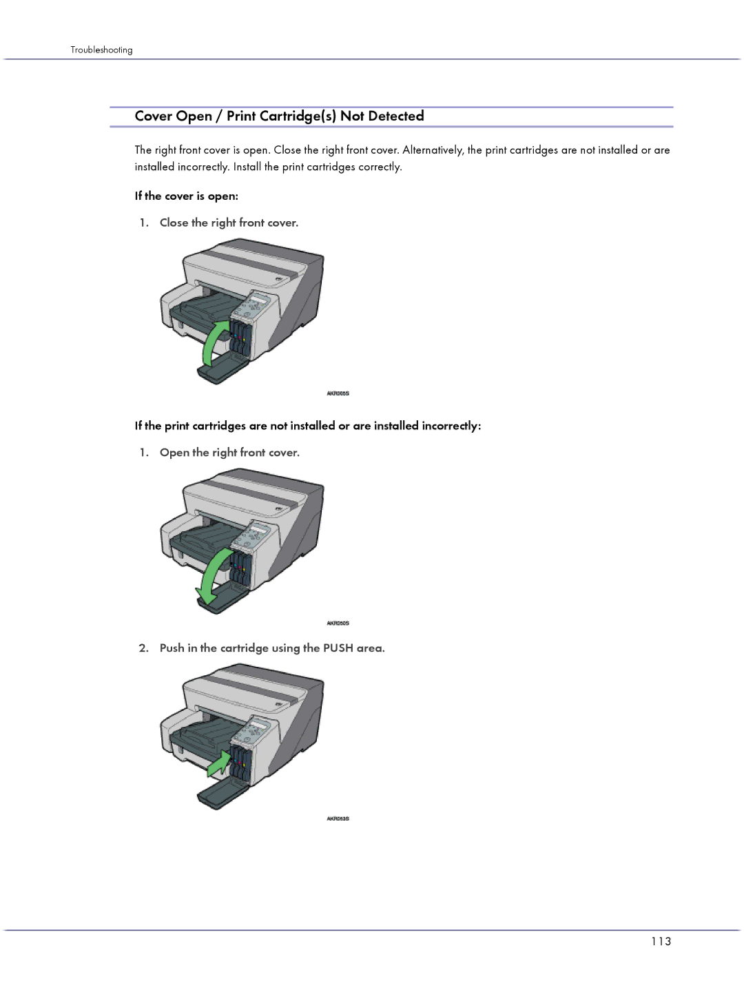 Lanier GX3050 manual Cover Open / Print Cartridges Not Detected, 113 