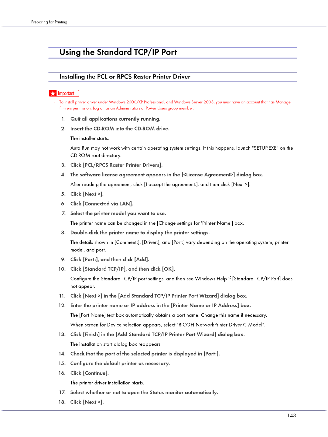 Lanier GX3050 manual Using the Standard TCP/IP Port, Installing the PCL or Rpcs Raster Printer Driver, 143 