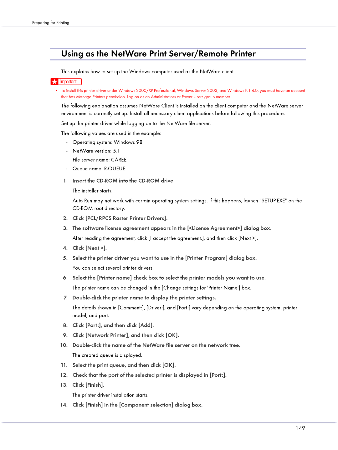 Lanier GX3050 Using as the NetWare Print Server/Remote Printer, Click Finish in the Component selection dialog box, 149 