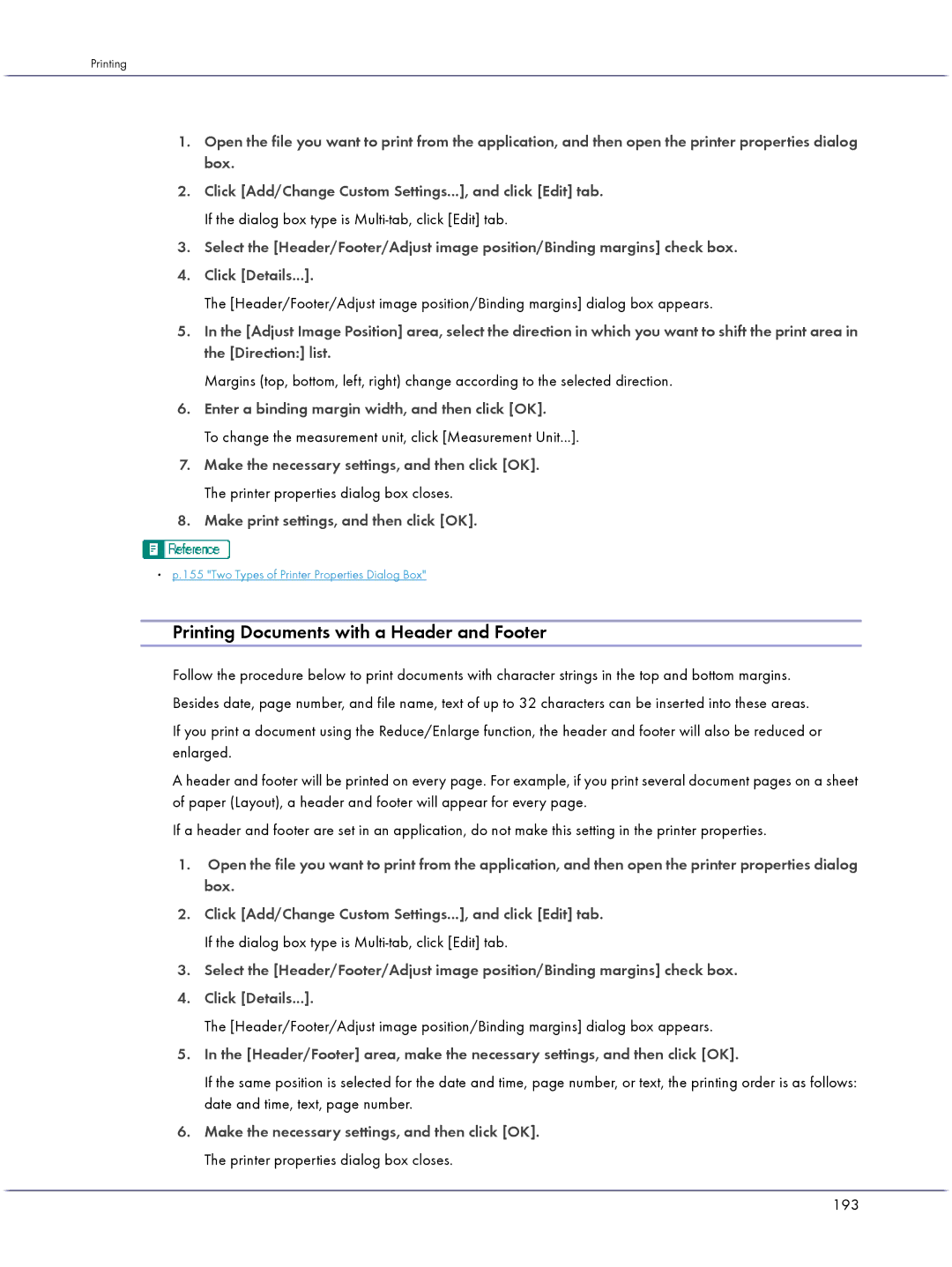 Lanier GX3050 manual Printing Documents with a Header and Footer, Enter a binding margin width, and then click OK, 193 