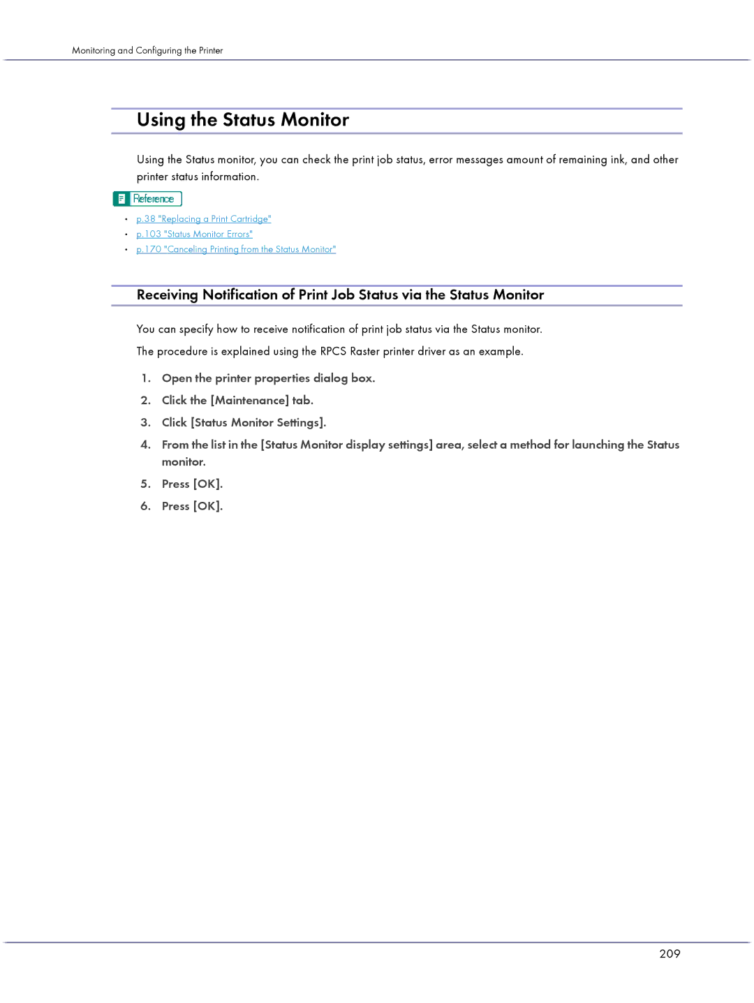 Lanier GX3050 manual Using the Status Monitor, 209 