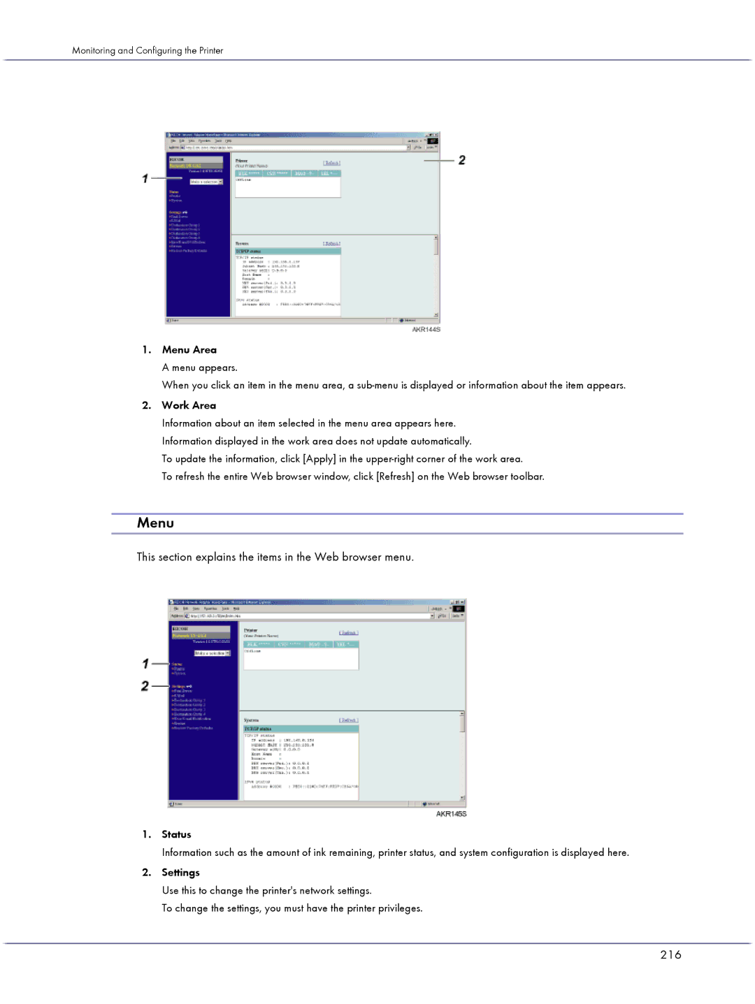 Lanier GX3050 manual Menu, This section explains the items in the Web browser menu, 216 