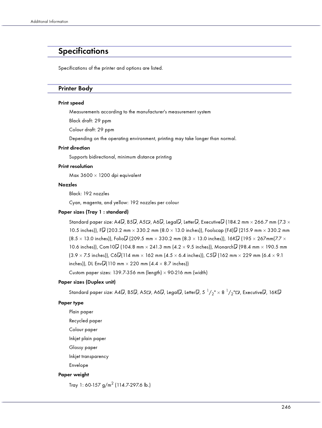 Lanier GX3050 Specifications of the printer and options are listed, Paper weight Tray 1 60-157 g/m2 114.7-297.6 lb 246 
