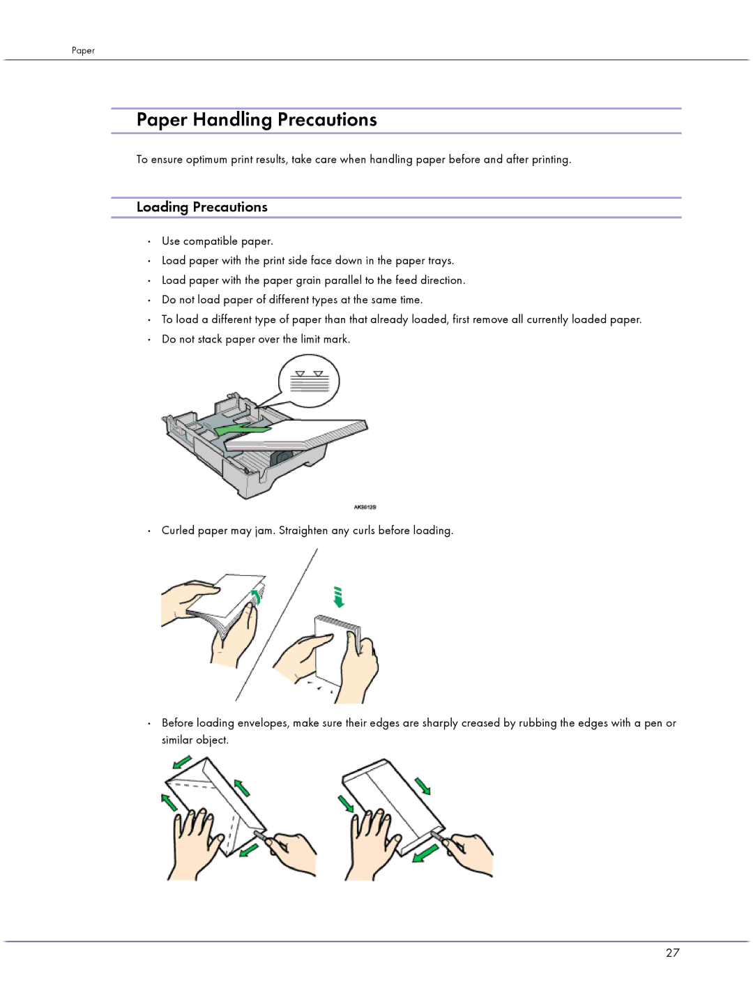 Lanier GX3050 manual Paper Handling Precautions, Loading Precautions, Use compatible paper 