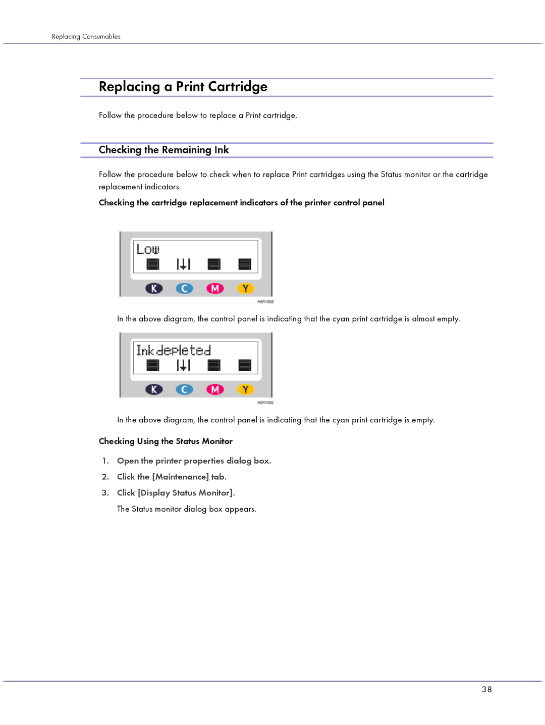 Lanier GX3050 manual Replacing a Print Cartridge, Checking the Remaining Ink, Status monitor dialog box appears 