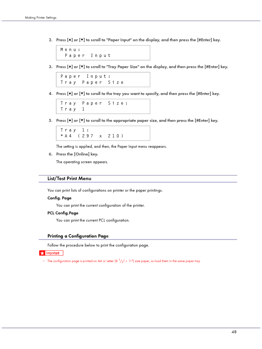 Lanier GX3050 manual List/Test Print Menu, Printing a Configuration, Press the Online key, Operating screen appears 