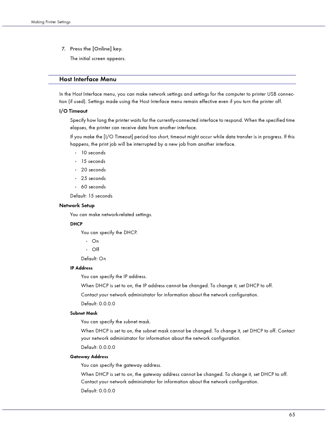 Lanier GX3050 manual Host Interface Menu, You can specify the Dhcp On Off Default On, You can specify the gateway address 