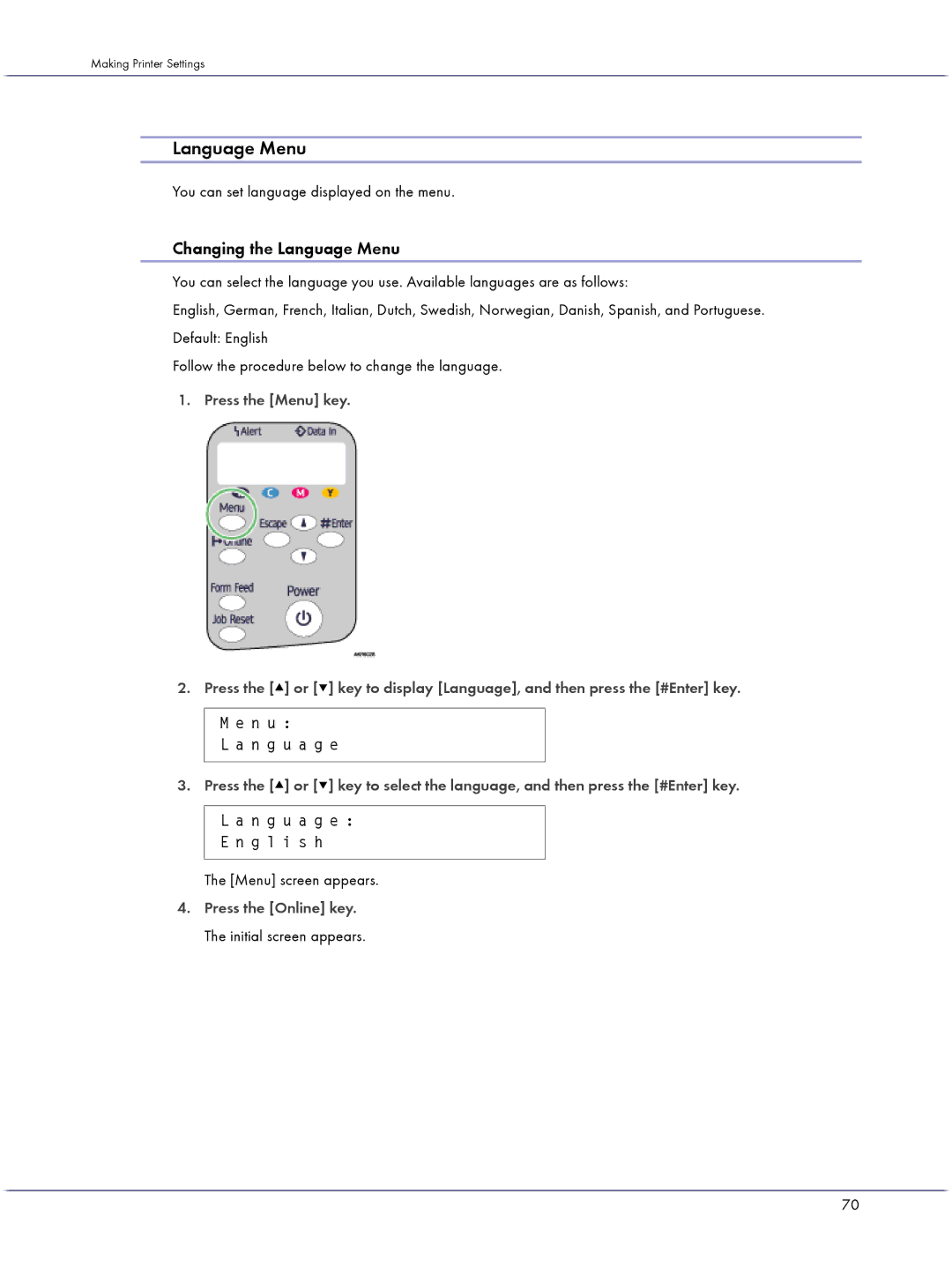 Lanier GX3050 manual Changing the Language Menu, You can set language displayed on the menu 