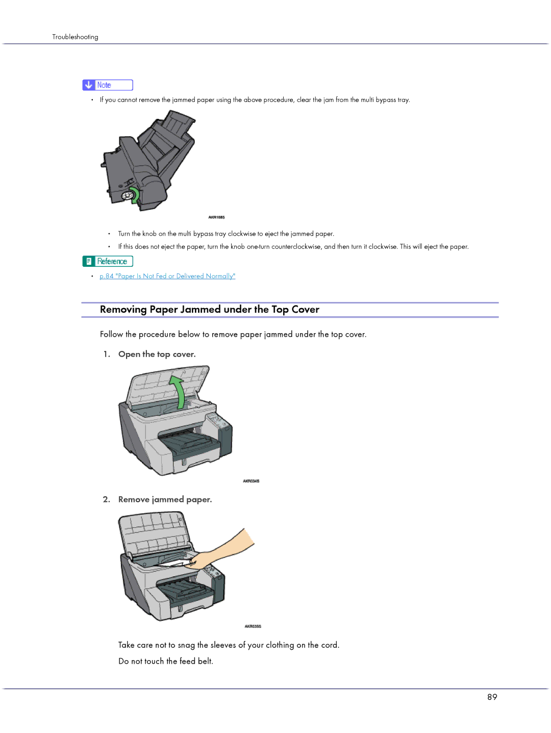 Lanier GX3050 manual Removing Paper Jammed under the Top Cover, Open the top cover Remove jammed paper 