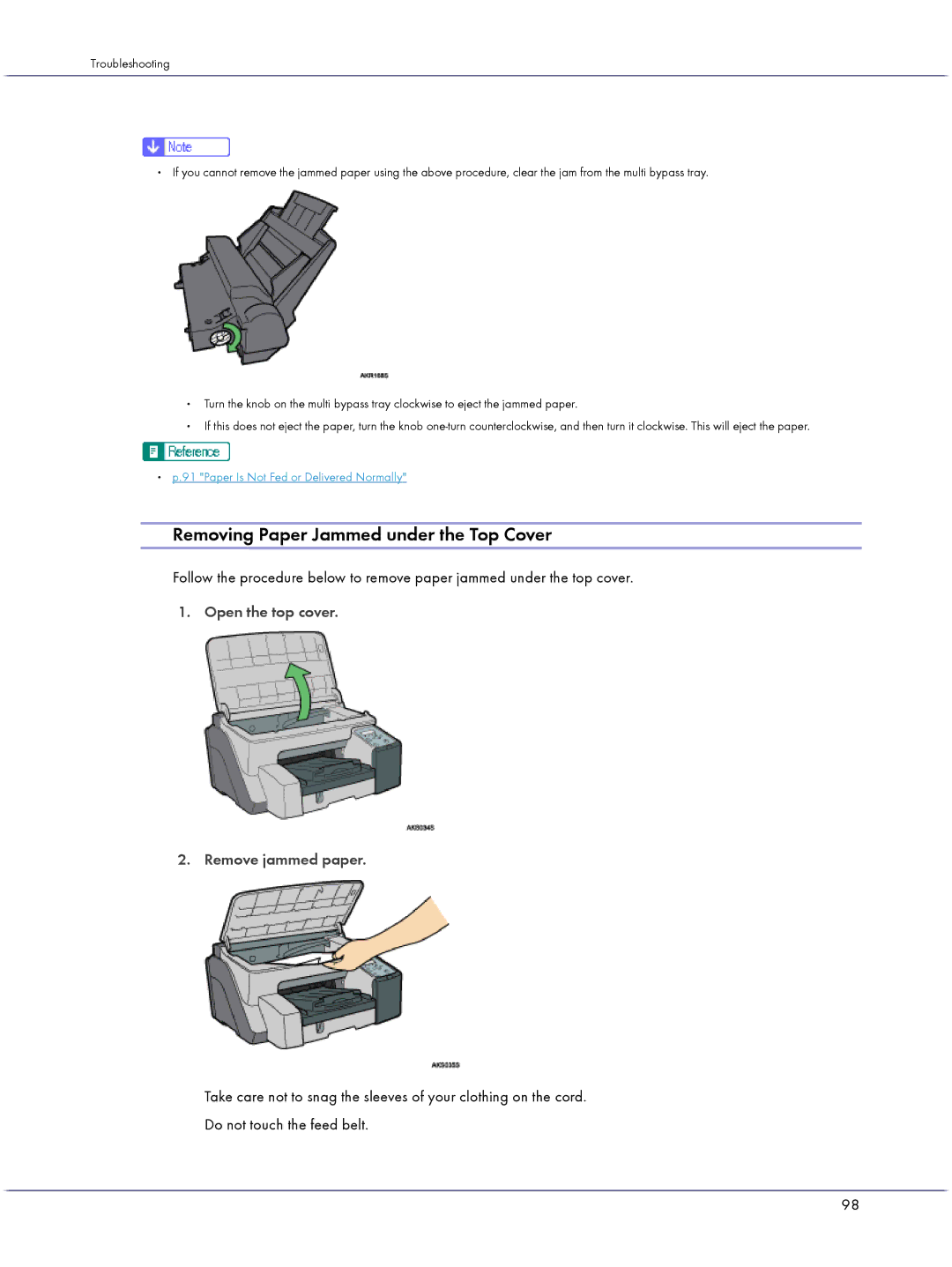 Lanier GX5050 manual Removing Paper Jammed under the Top Cover, Open the top cover Remove jammed paper 