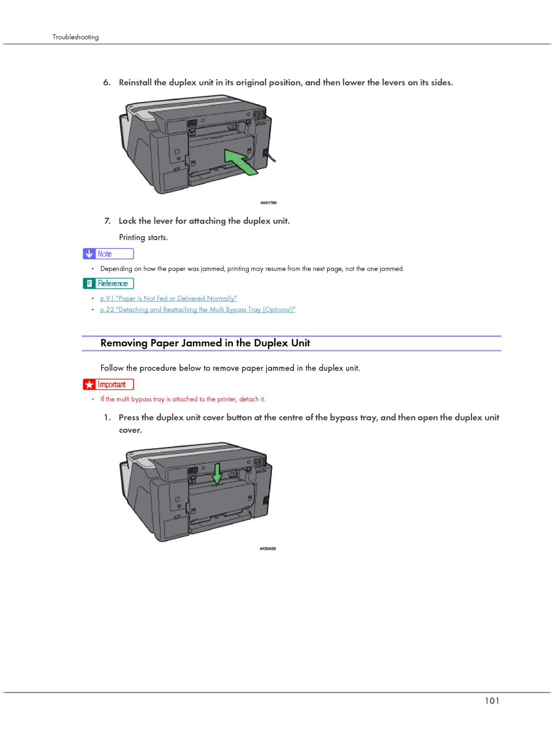 Lanier GX5050 manual Removing Paper Jammed in the Duplex Unit, 101 
