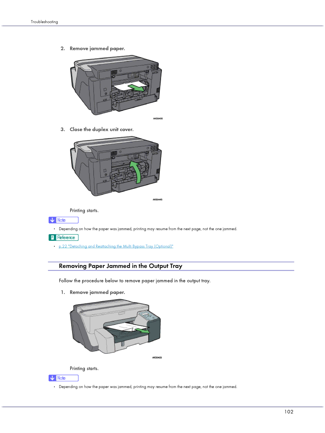 Lanier GX5050 manual Removing Paper Jammed in the Output Tray, Remove jammed paper Close the duplex unit cover, 102 