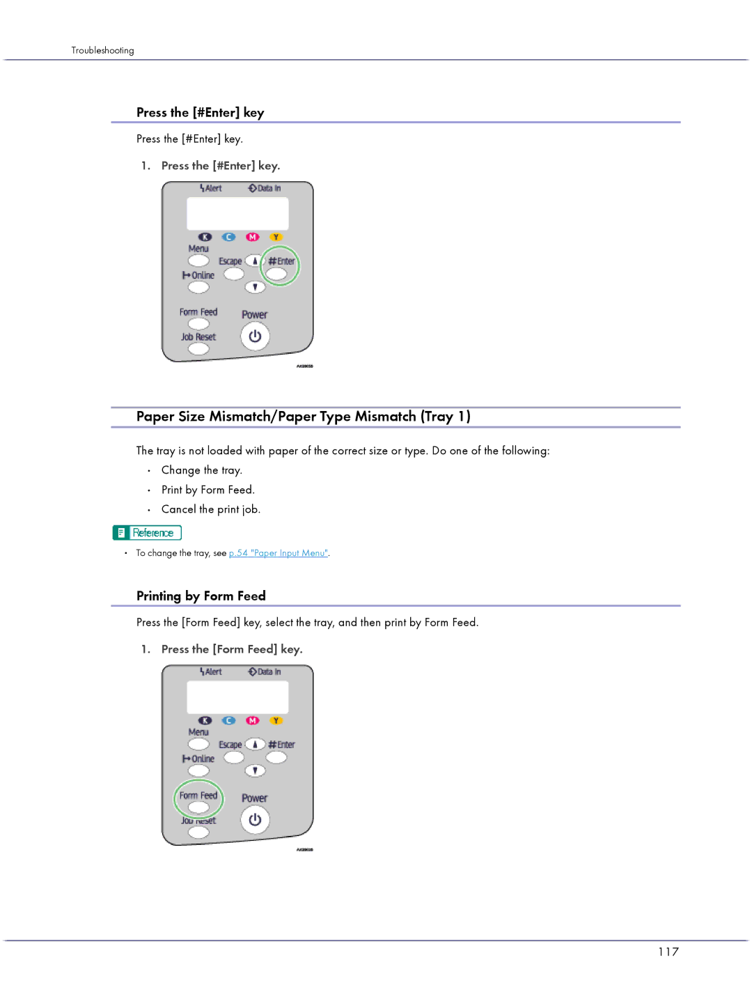 Lanier GX5050 manual Paper Size Mismatch/Paper Type Mismatch Tray, Press the #Enter key, Press the Form Feed key, 117 