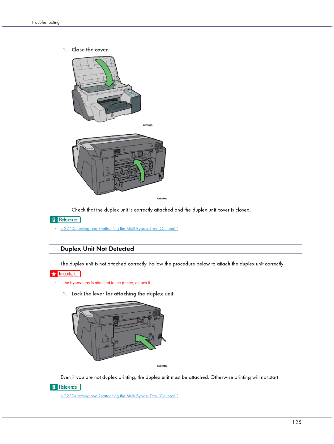 Lanier GX5050 manual Duplex Unit Not Detected, Close the cover, Lock the lever for attaching the duplex unit, 125 