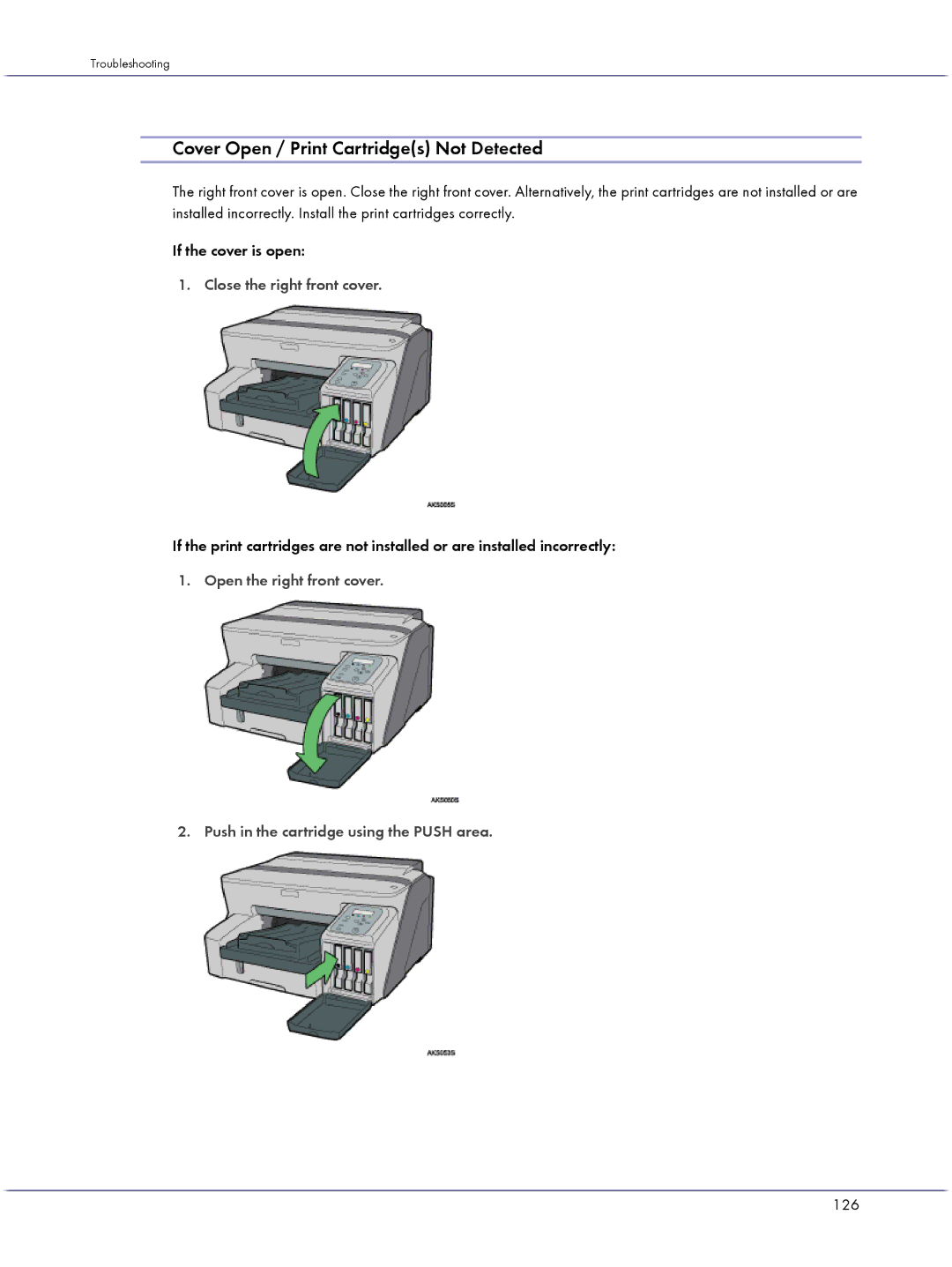 Lanier GX5050 manual Cover Open / Print Cartridges Not Detected, 126 