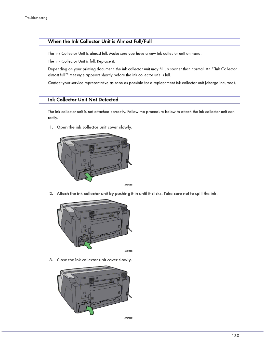 Lanier GX5050 manual When the Ink Collector Unit is Almost Full/Full, Ink Collector Unit Not Detected, 130 