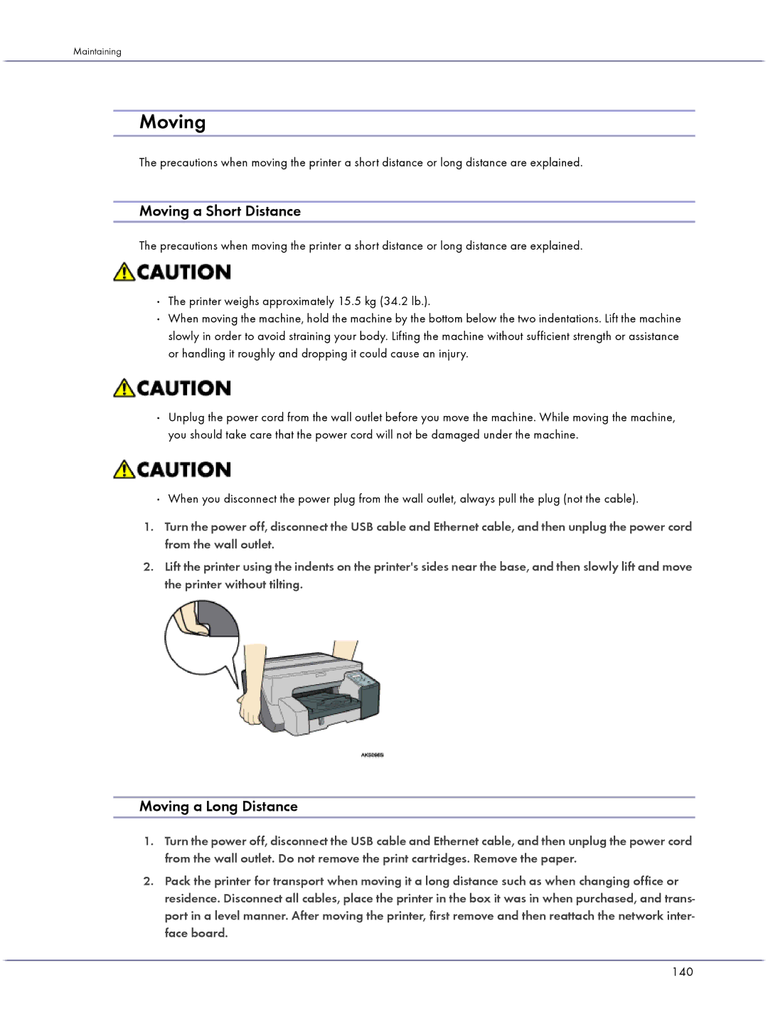 Lanier GX5050 manual Moving a Short Distance, Moving a Long Distance, 140 