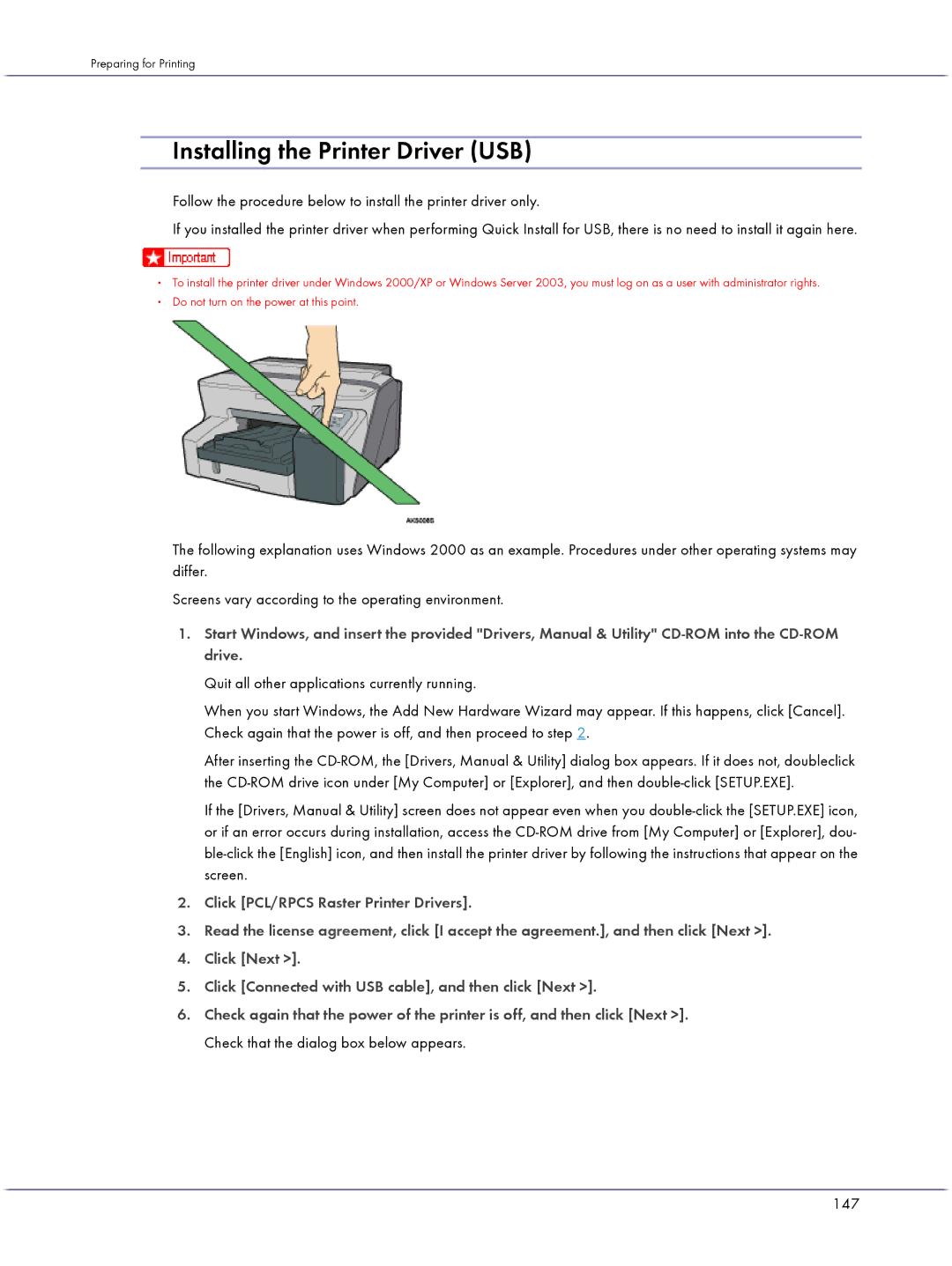 Lanier GX5050 manual Installing the Printer Driver USB, 147 