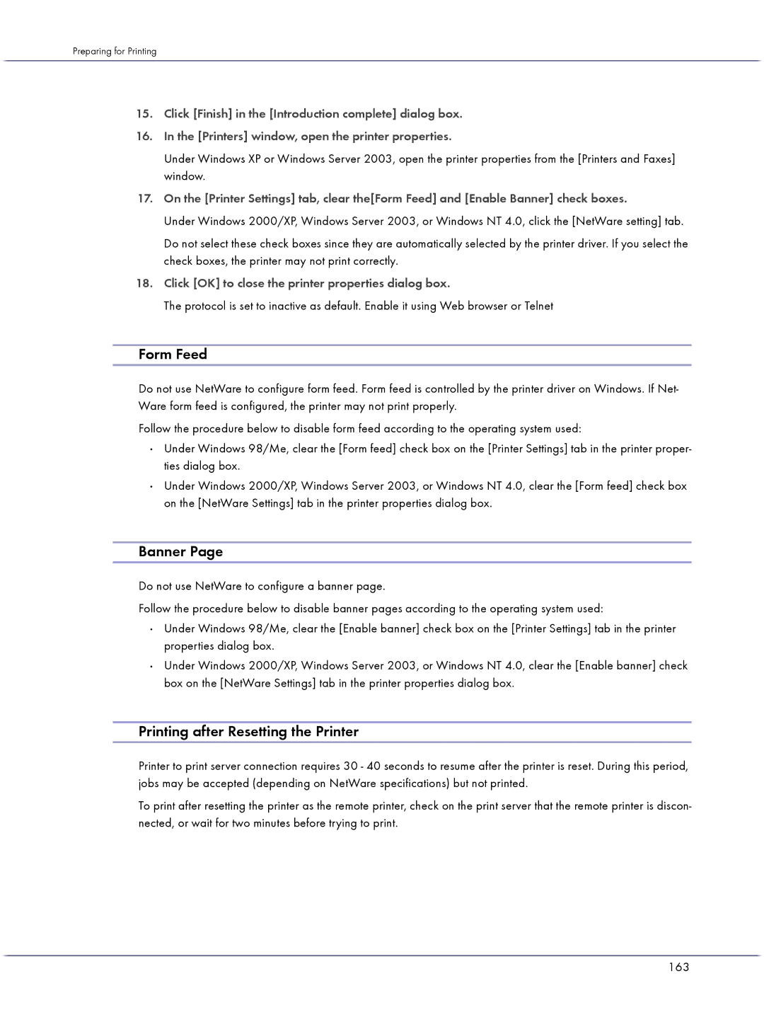 Lanier GX5050 Form Feed, Banner, Printing after Resetting the Printer, Click OK to close the printer properties dialog box 