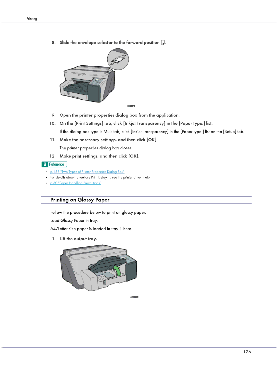 Lanier GX5050 manual Printing on Glossy Paper, Lift the output tray, 176 