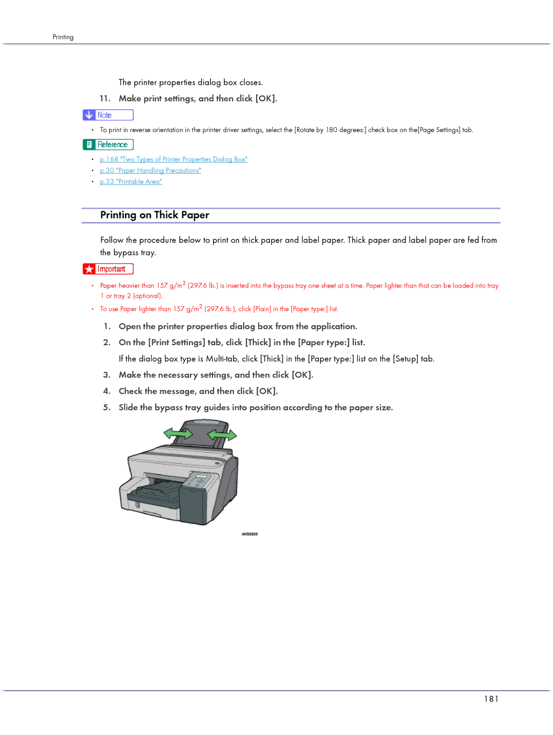 Lanier GX5050 manual Printing on Thick Paper, Printer properties dialog box closes, 181 