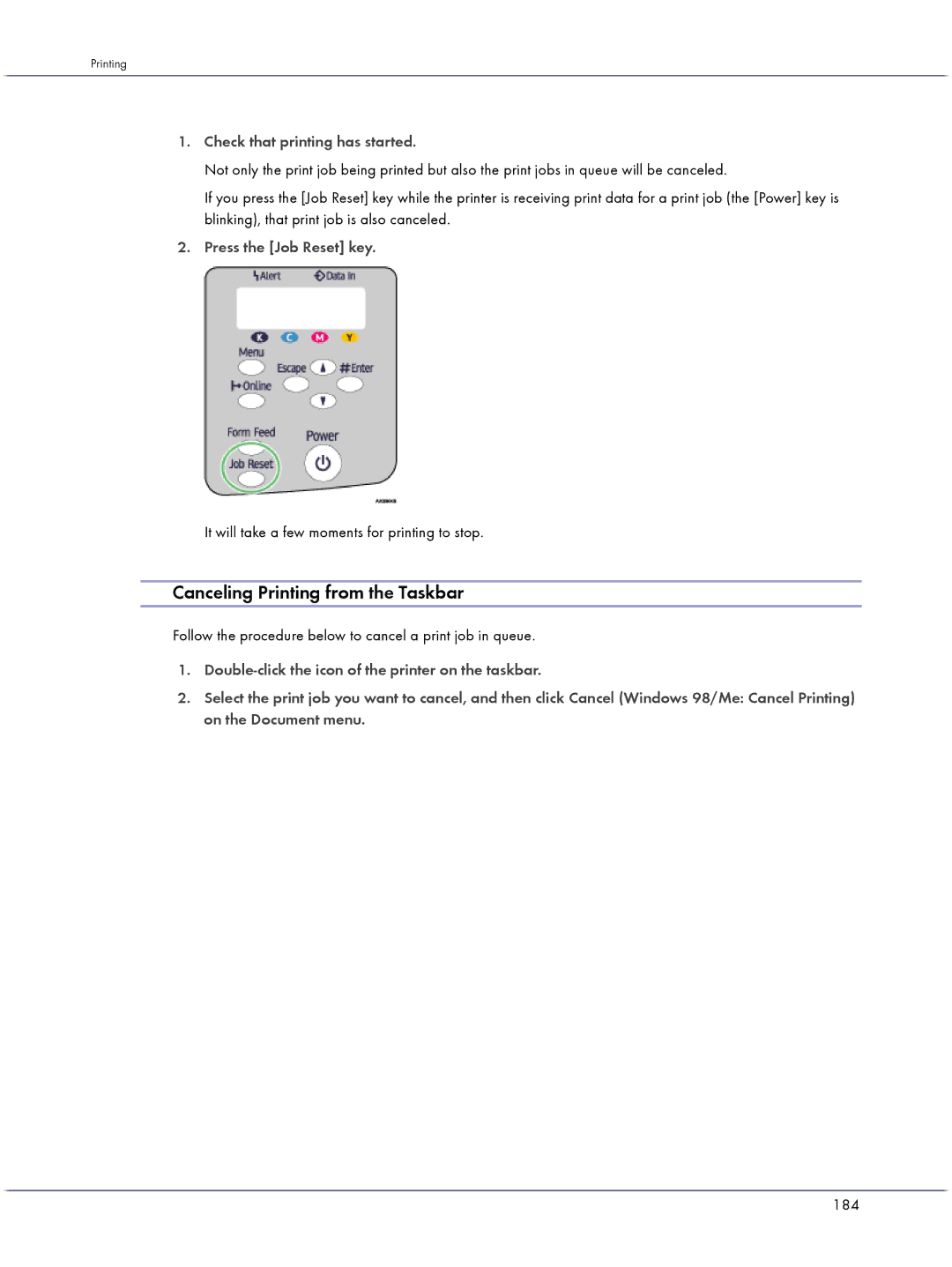 Lanier GX5050 manual Canceling Printing from the Taskbar, Check that printing has started, 184 