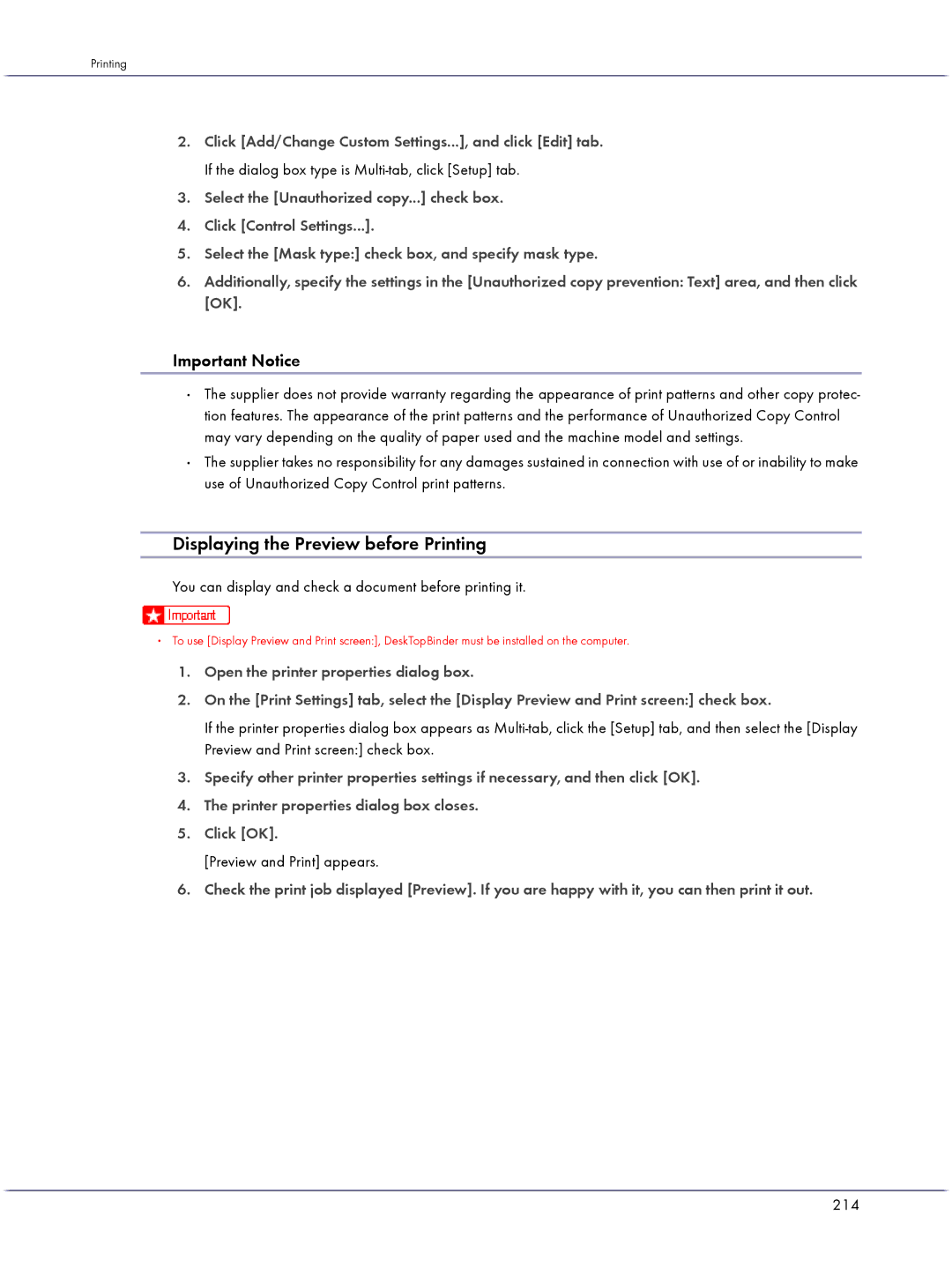 Lanier GX5050 manual Displaying the Preview before Printing, Important Notice, Preview and Print appears, 214 