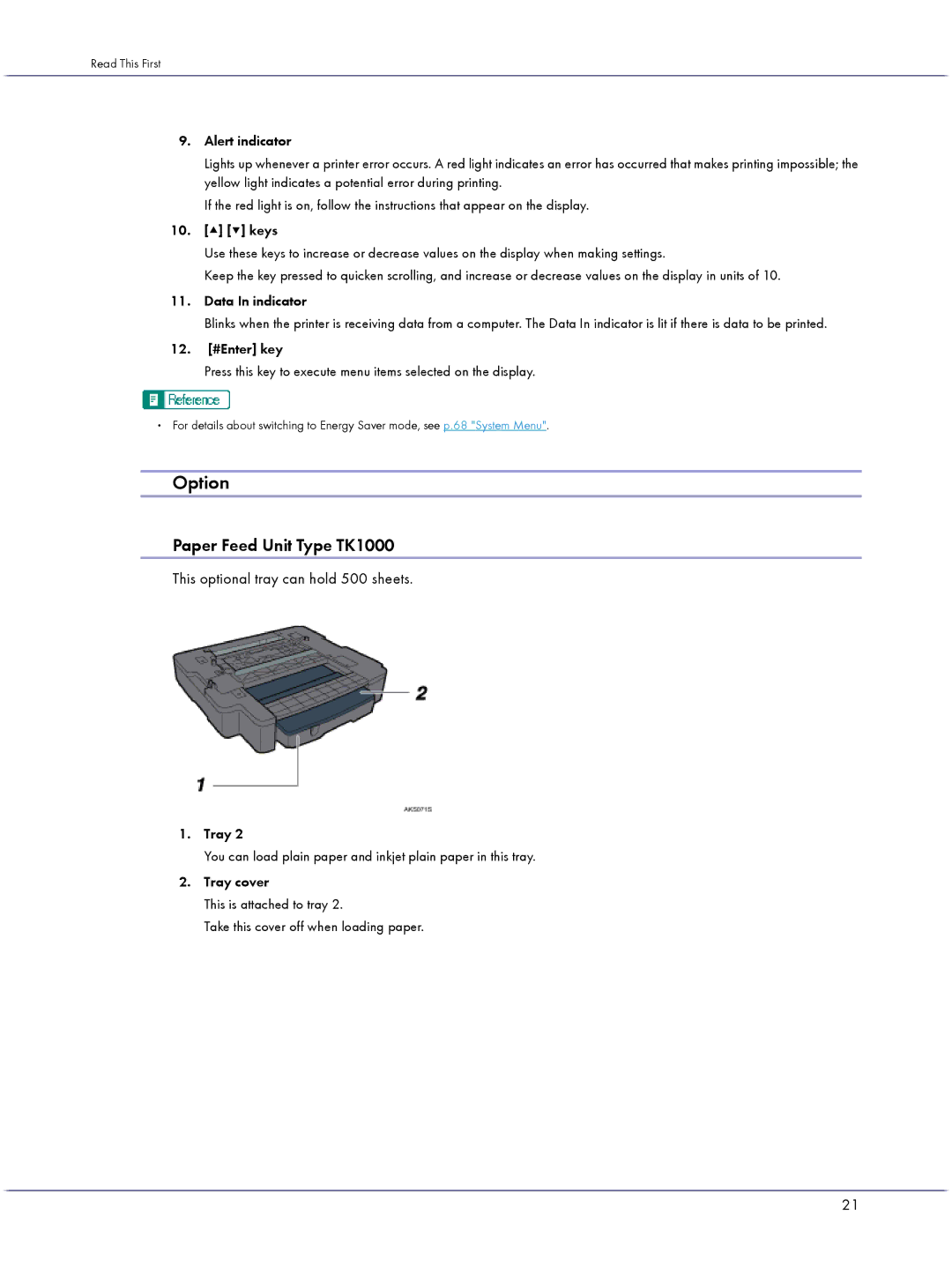 Lanier GX5050 manual Option, Paper Feed Unit Type TK1000, This optional tray can hold 500 sheets 