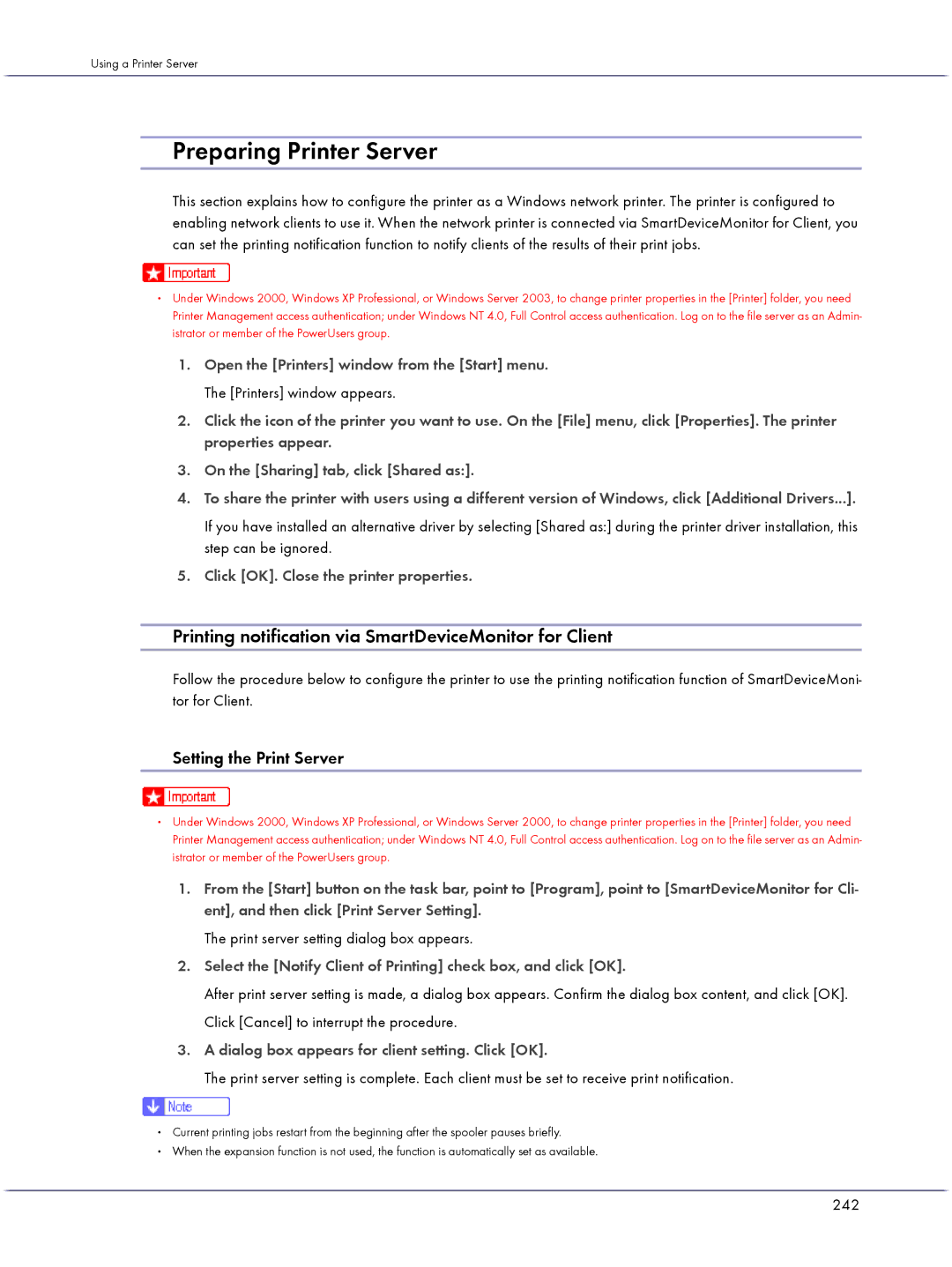 Lanier GX5050 Preparing Printer Server, Printing notification via SmartDeviceMonitor for Client, Setting the Print Server 