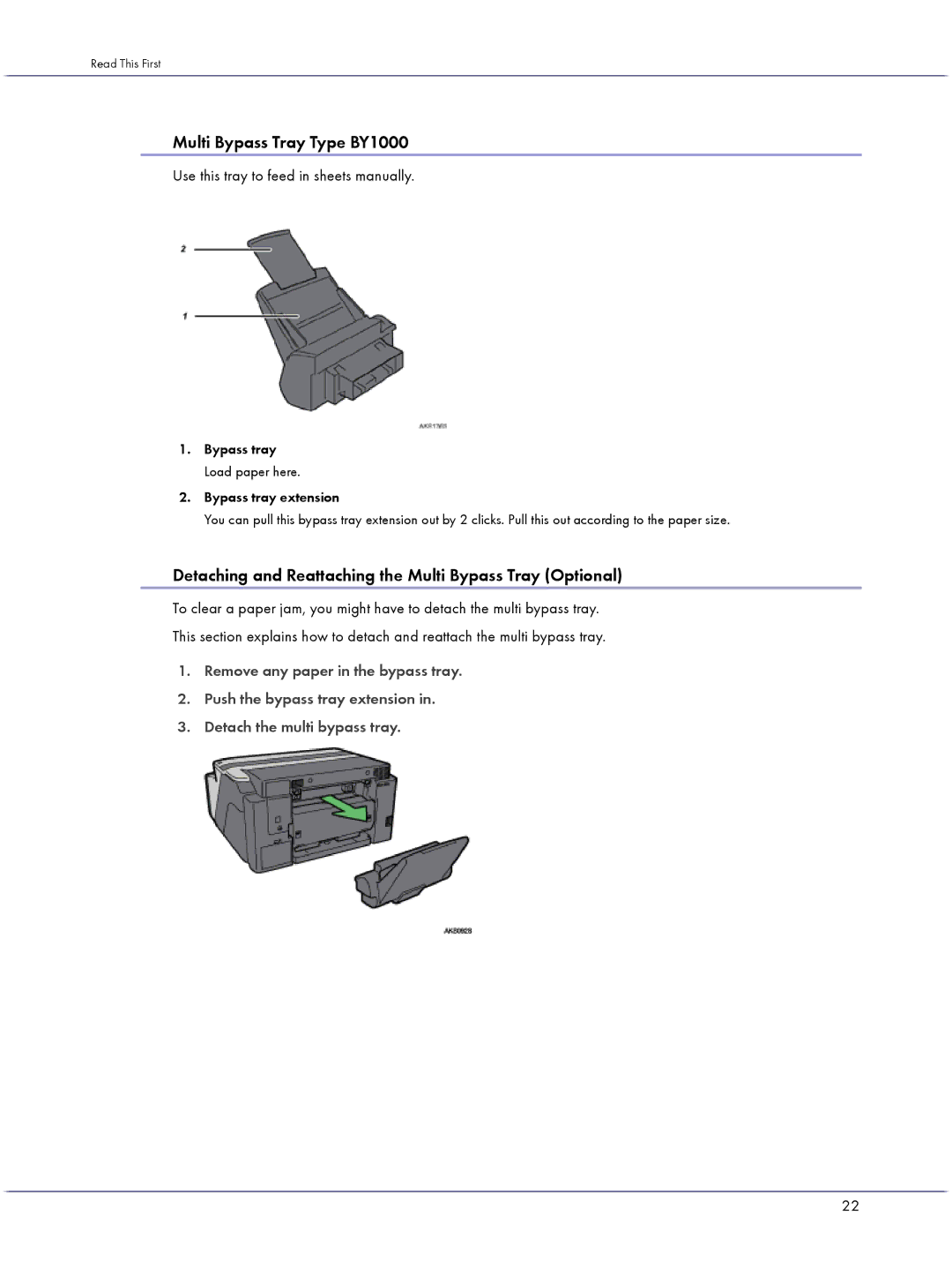 Lanier GX5050 manual Multi Bypass Tray Type BY1000, Detaching and Reattaching the Multi Bypass Tray Optional 