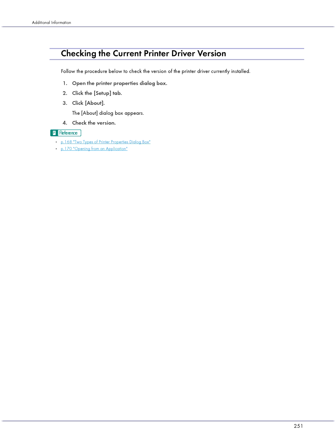 Lanier GX5050 manual Checking the Current Printer Driver Version, About dialog box appears, Check the version, 251 