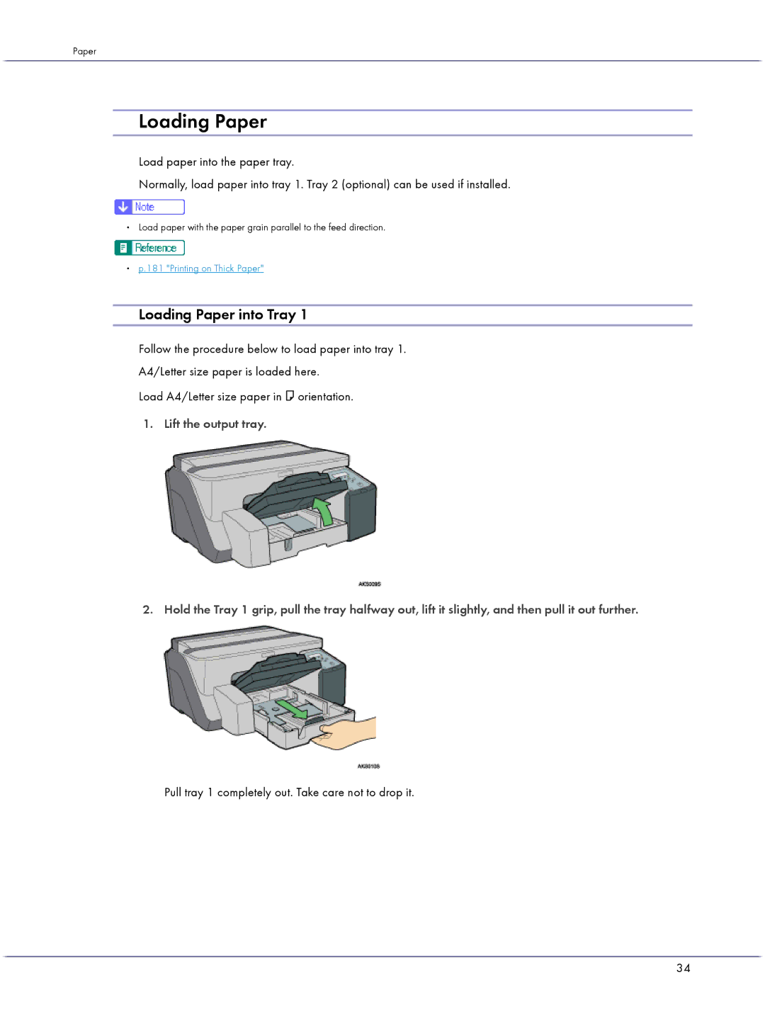 Lanier GX5050 manual Loading Paper into Tray, Pull tray 1 completely out. Take care not to drop it 