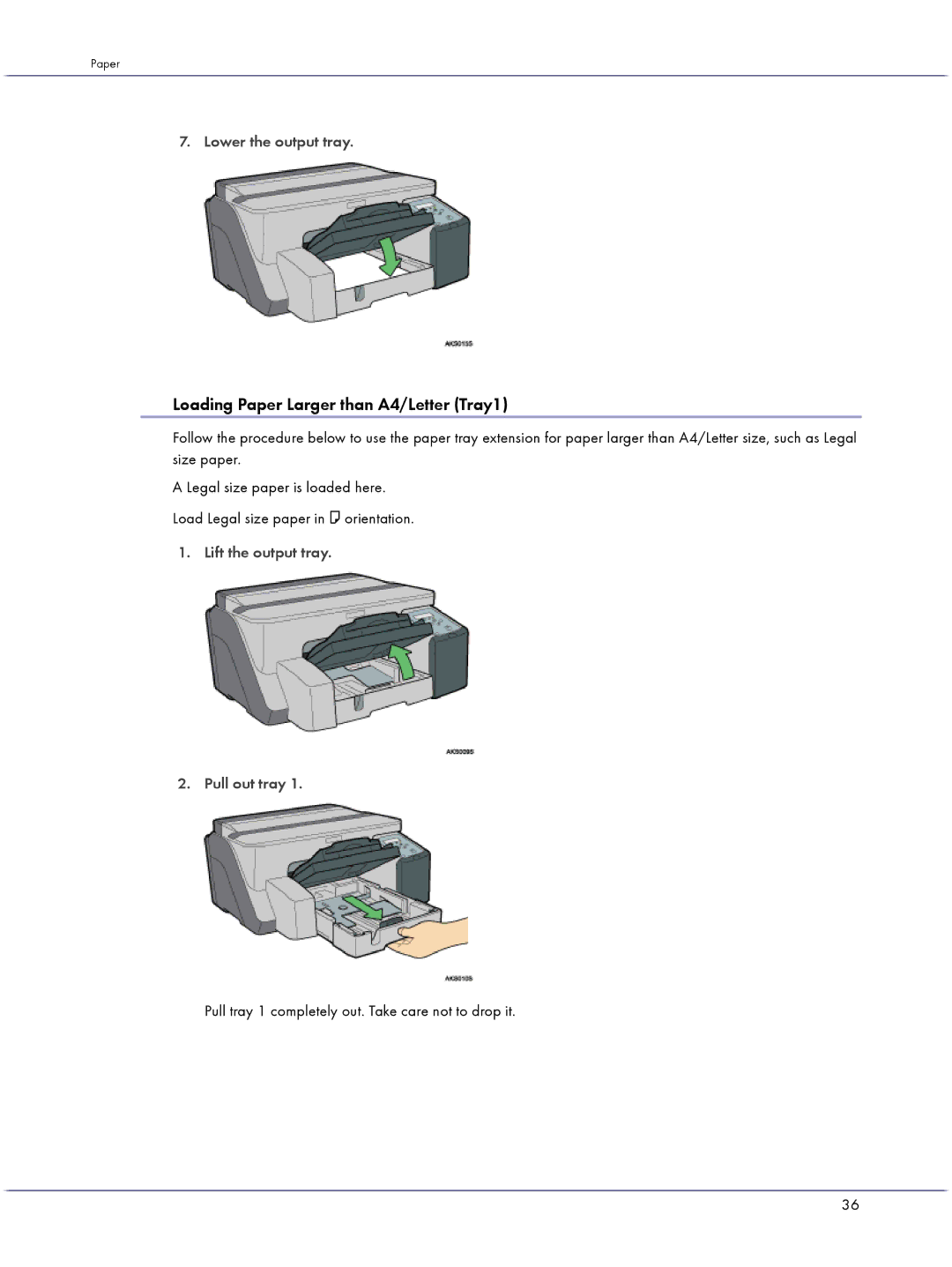 Lanier GX5050 manual Loading Paper Larger than A4/Letter Tray1, Lower the output tray, Pull out tray 