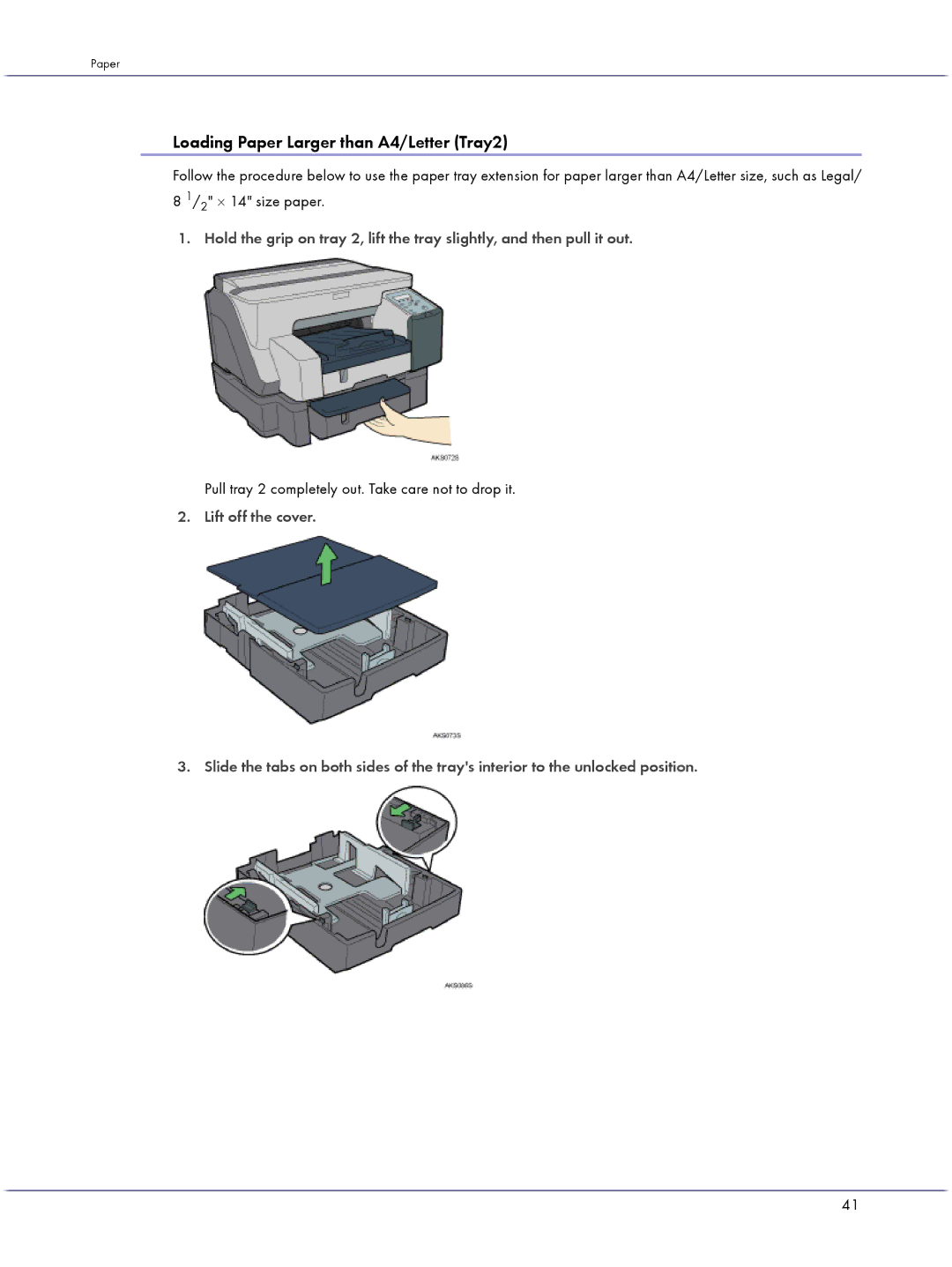 Lanier GX5050 manual Loading Paper Larger than A4/Letter Tray2, Pull tray 2 completely out. Take care not to drop it 