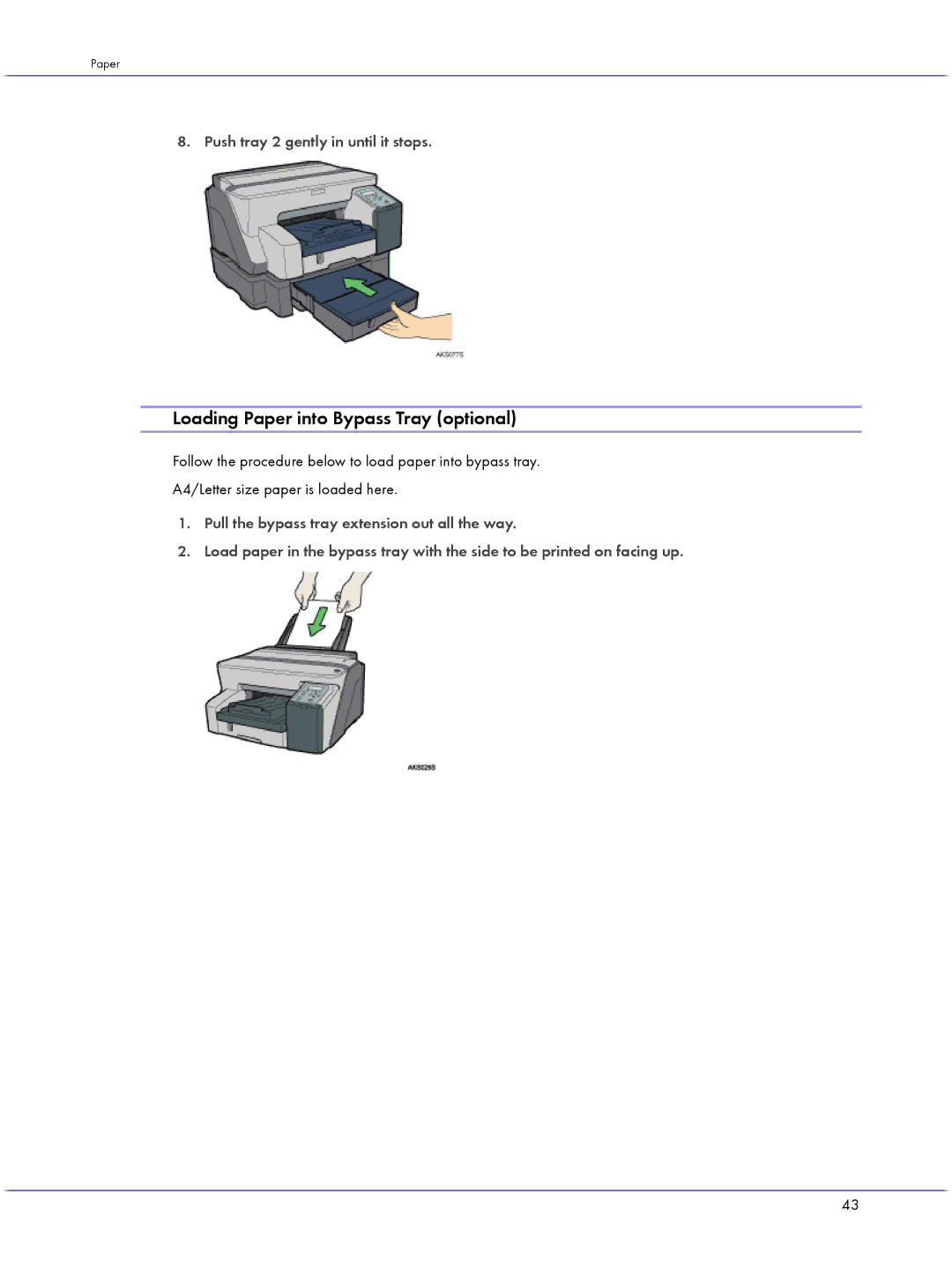 Lanier GX5050 manual Loading Paper into Bypass Tray optional, Push tray 2 gently in until it stops 