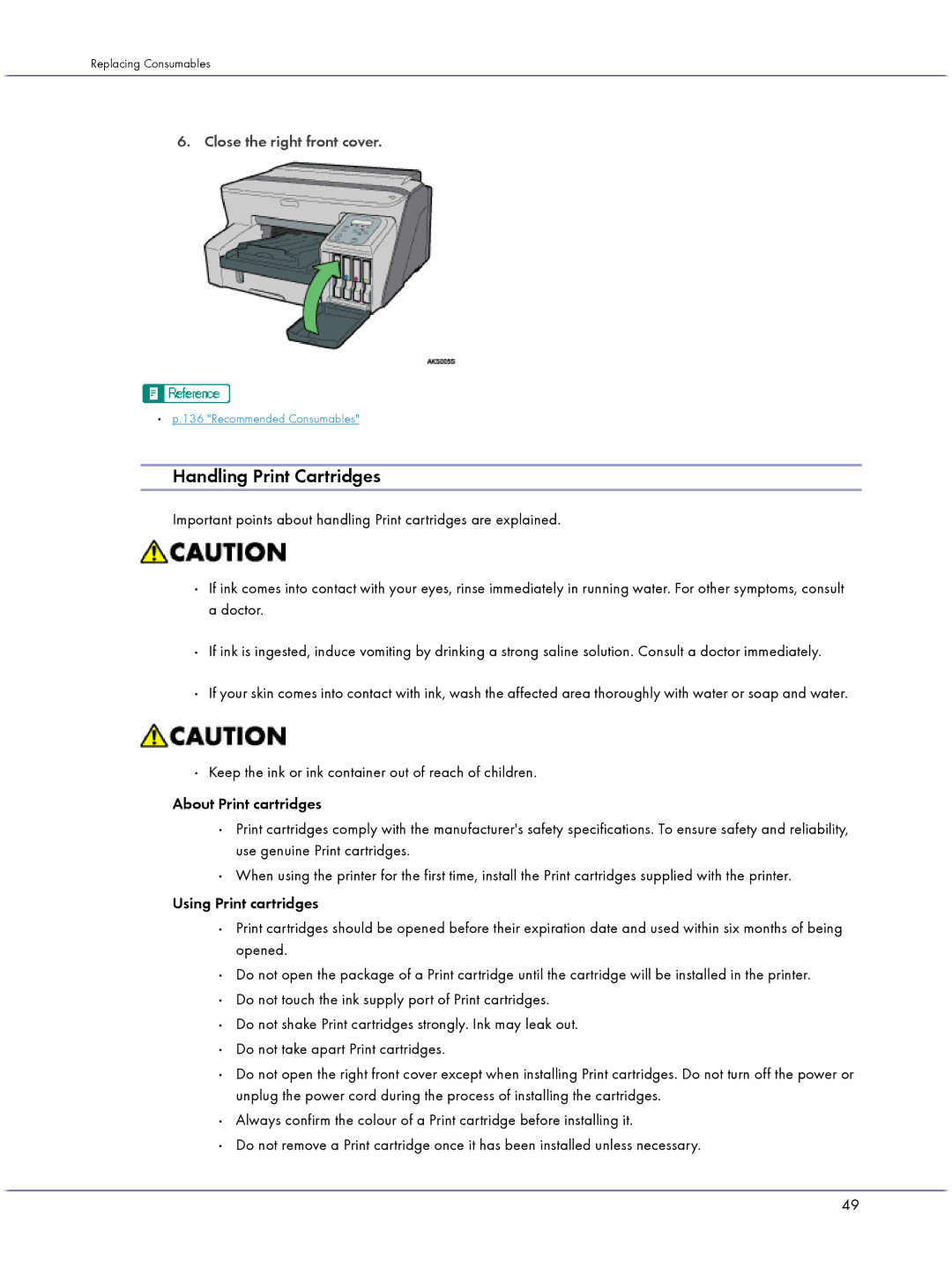 Lanier GX5050 manual Handling Print Cartridges, Close the right front cover 