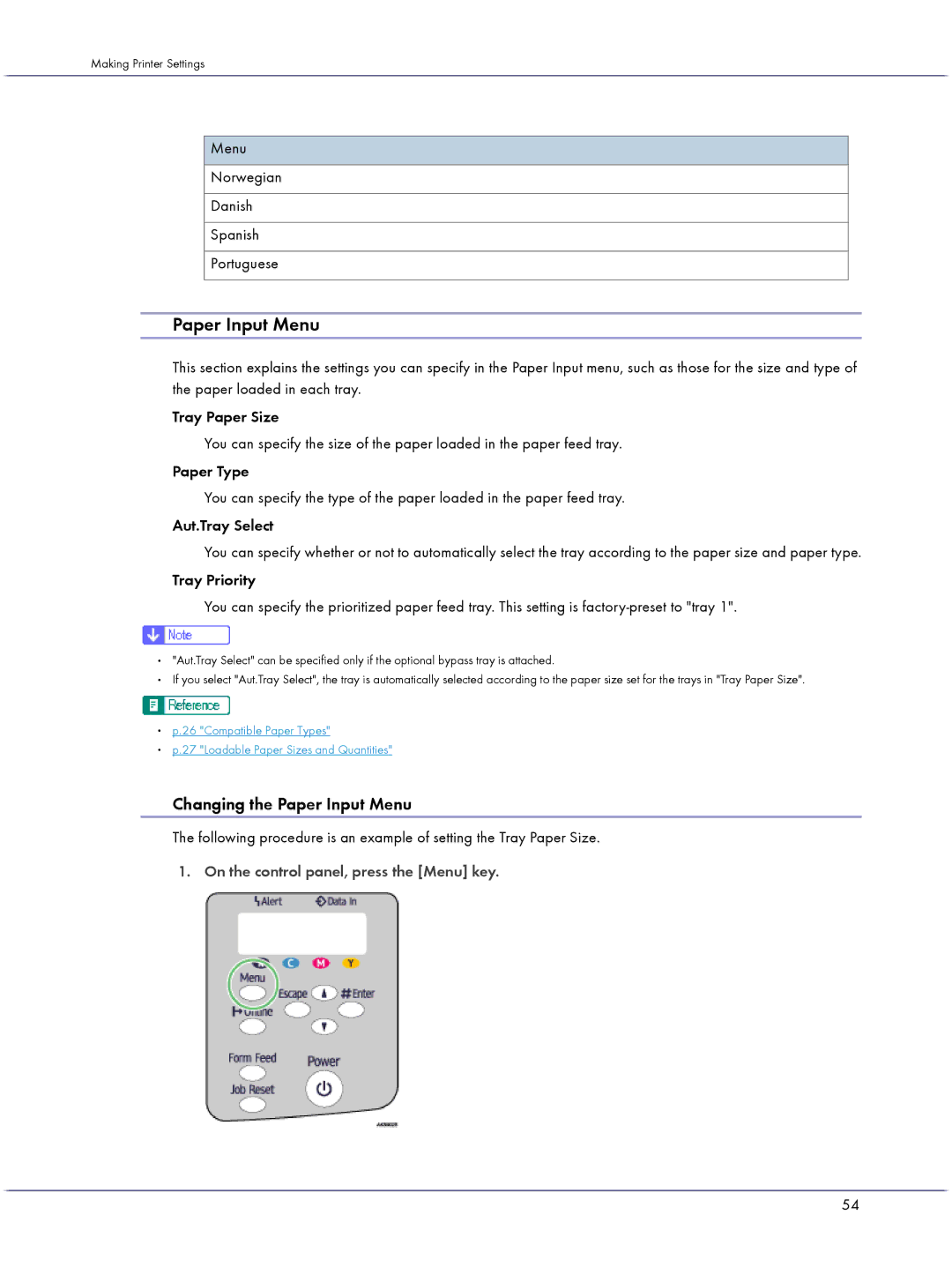 Lanier GX5050 manual Changing the Paper Input Menu, Menu Norwegian Danish Spanish Portuguese 