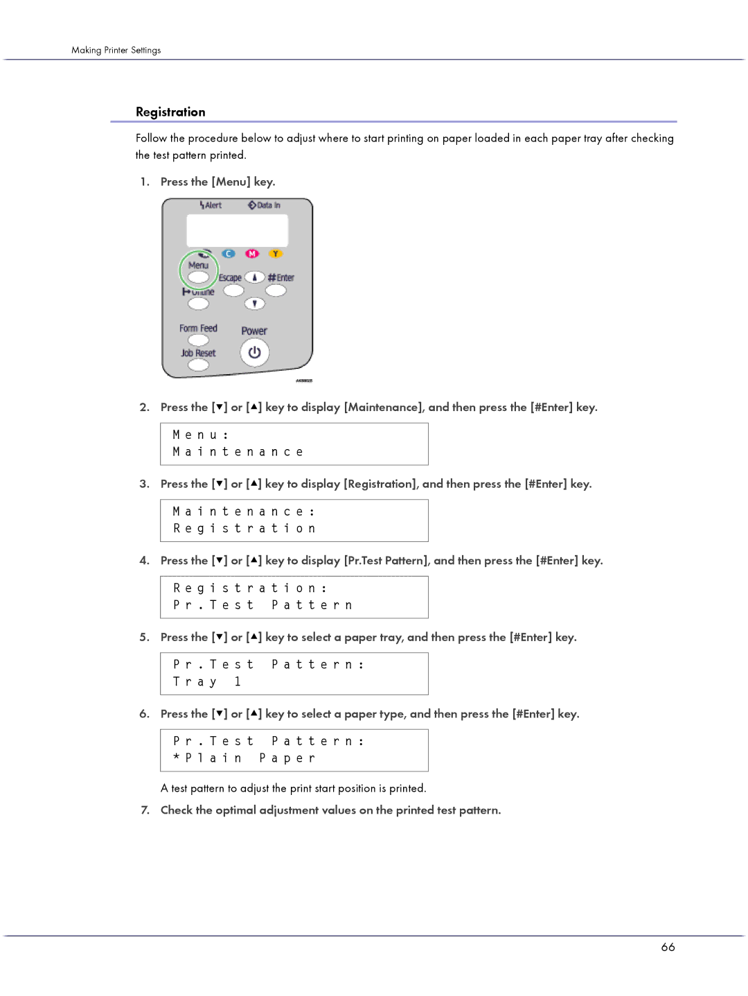 Lanier GX5050 manual Registration, Test pattern to adjust the print start position is printed 