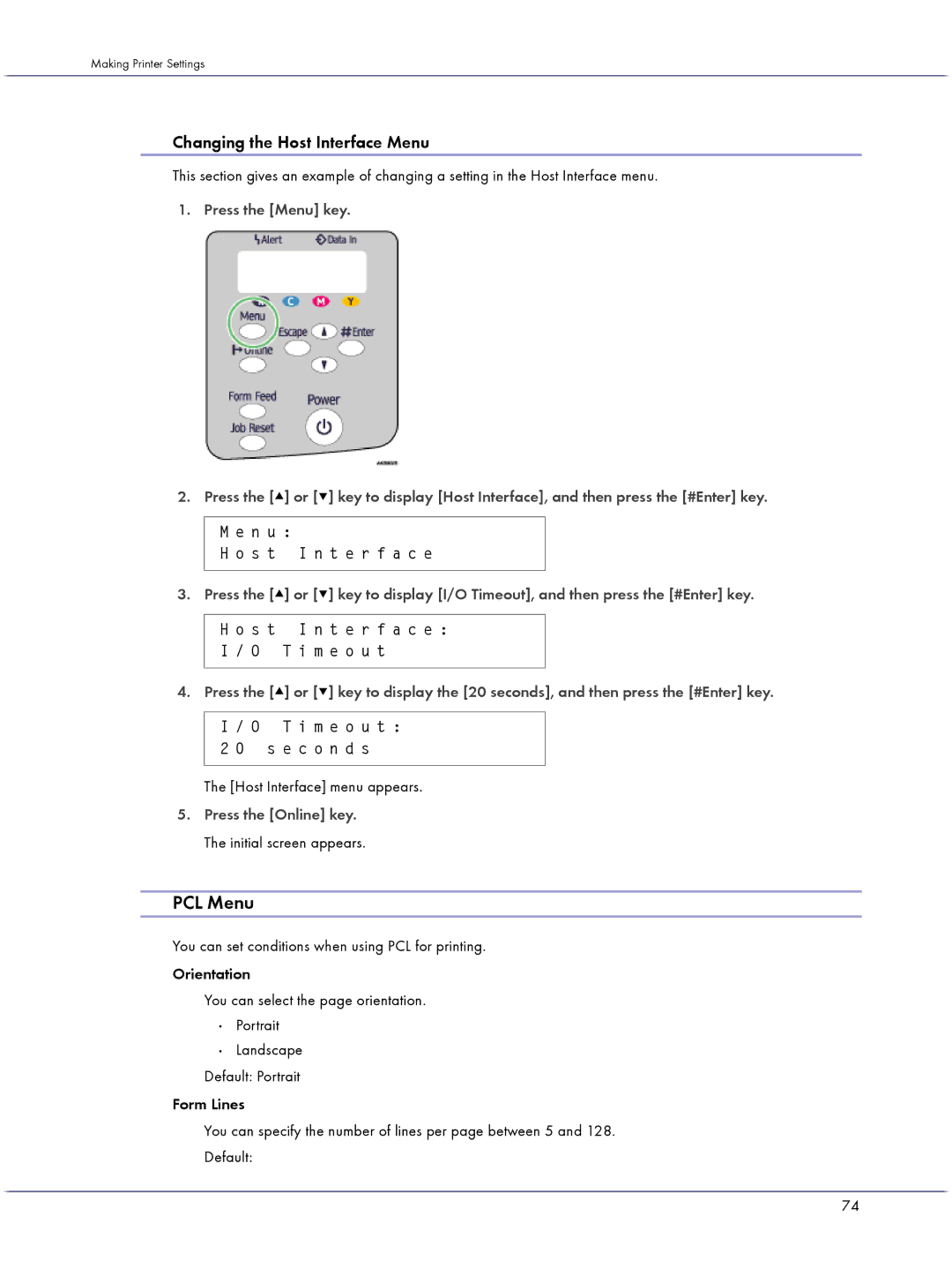 Lanier GX5050 manual PCL Menu, Changing the Host Interface Menu, Host Interface menu appears 