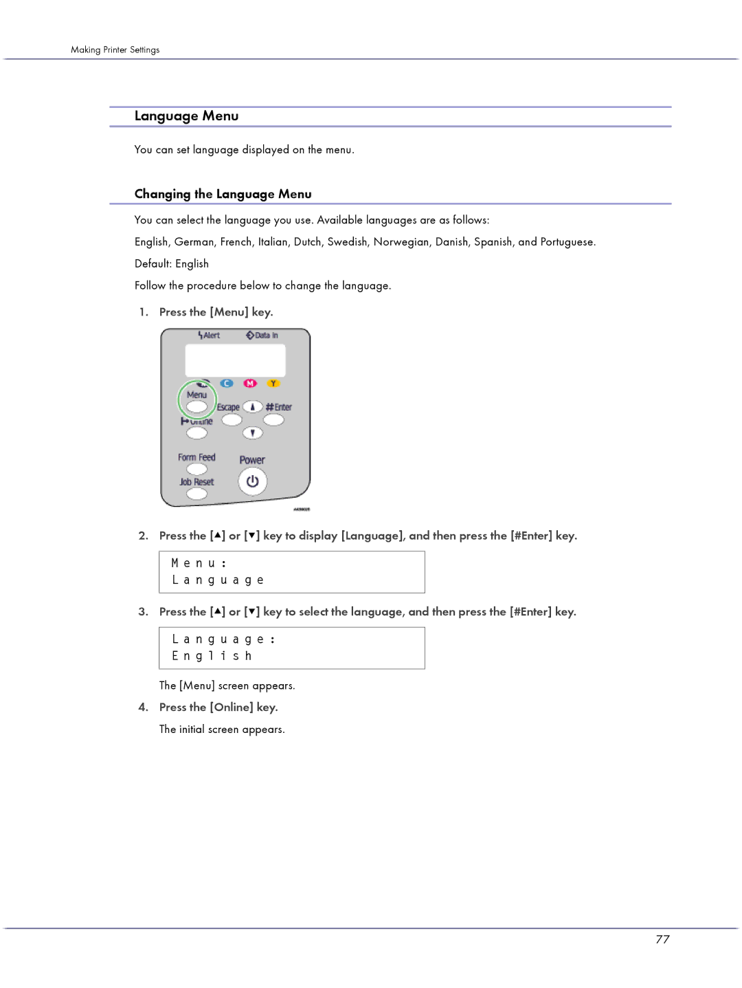 Lanier GX5050 manual Changing the Language Menu, You can set language displayed on the menu 