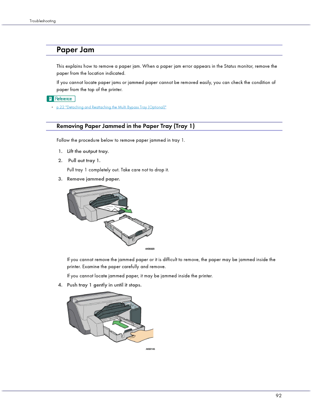 Lanier GX5050 Removing Paper Jammed in the Paper Tray Tray, Follow the procedure below to remove paper jammed in tray 