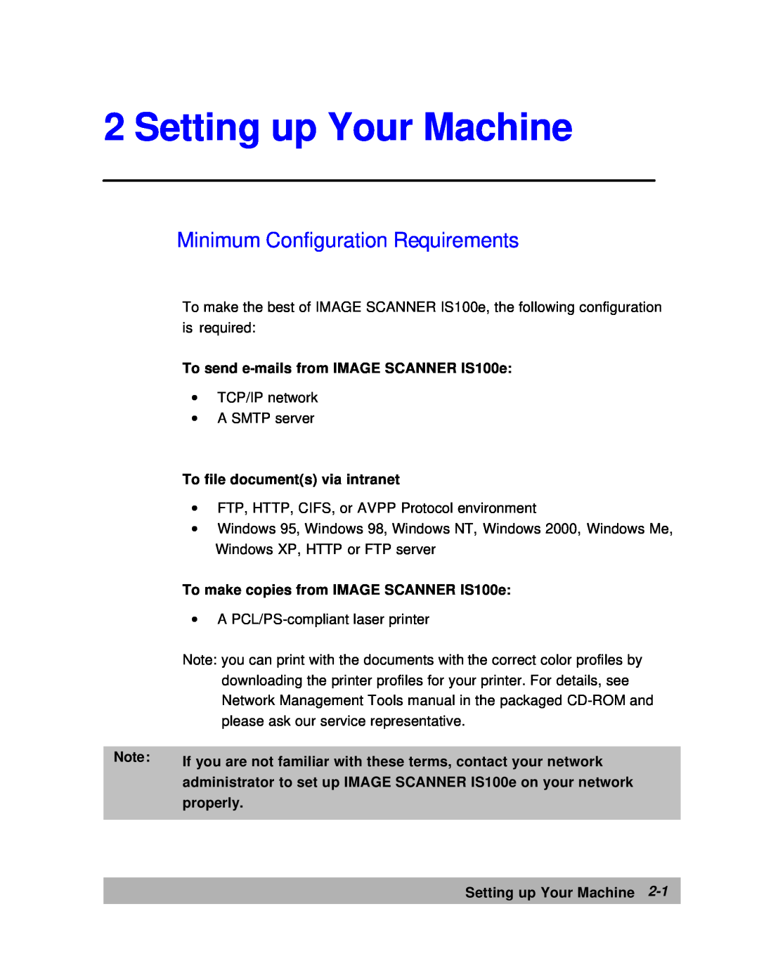 Lanier Setting up Your Machine, Minimum Configuration Requirements, To send e-mails from IMAGE SCANNER IS100e, properly 