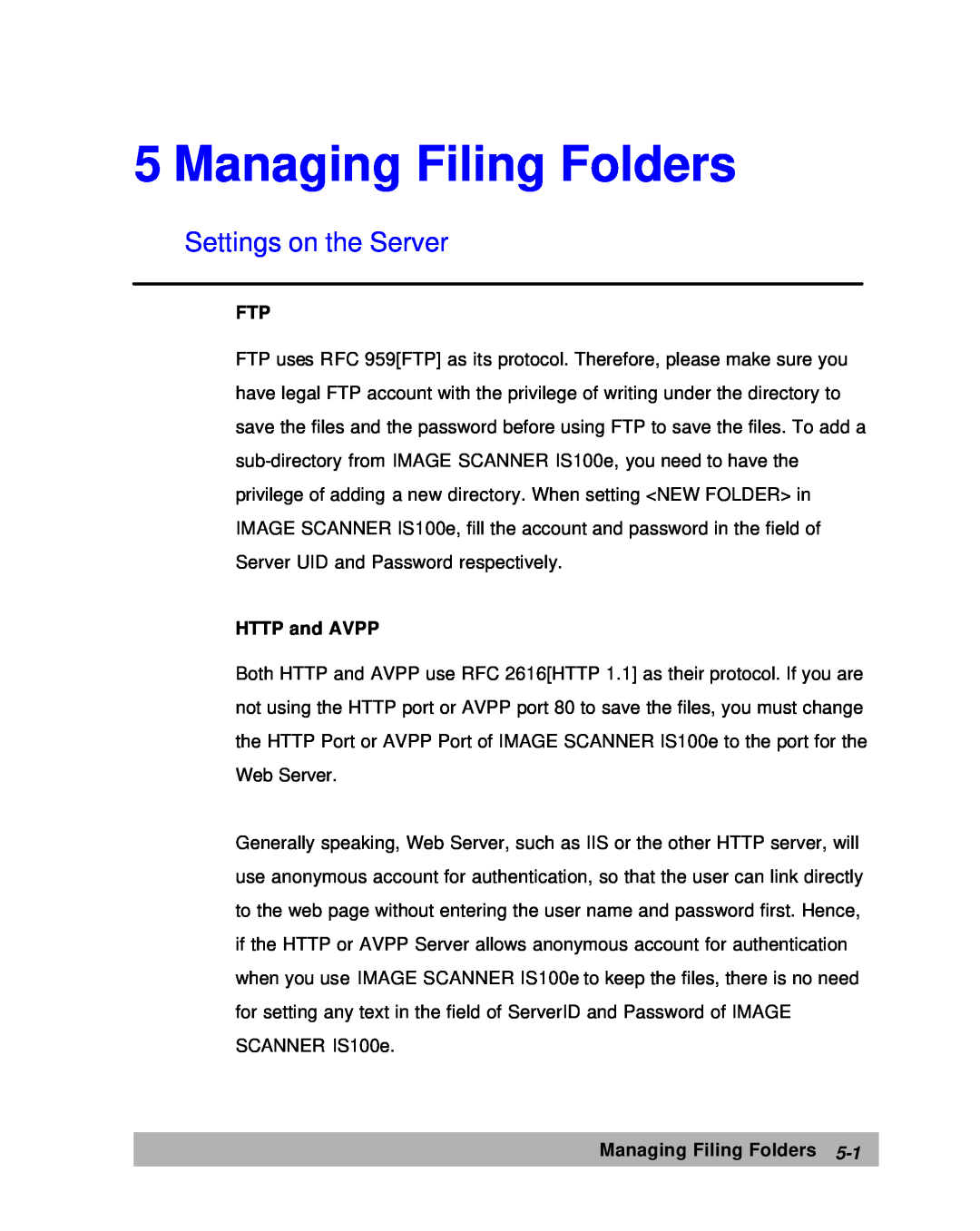 Lanier IS100e manual Managing Filing Folders, Settings on the Server, HTTP and AVPP 