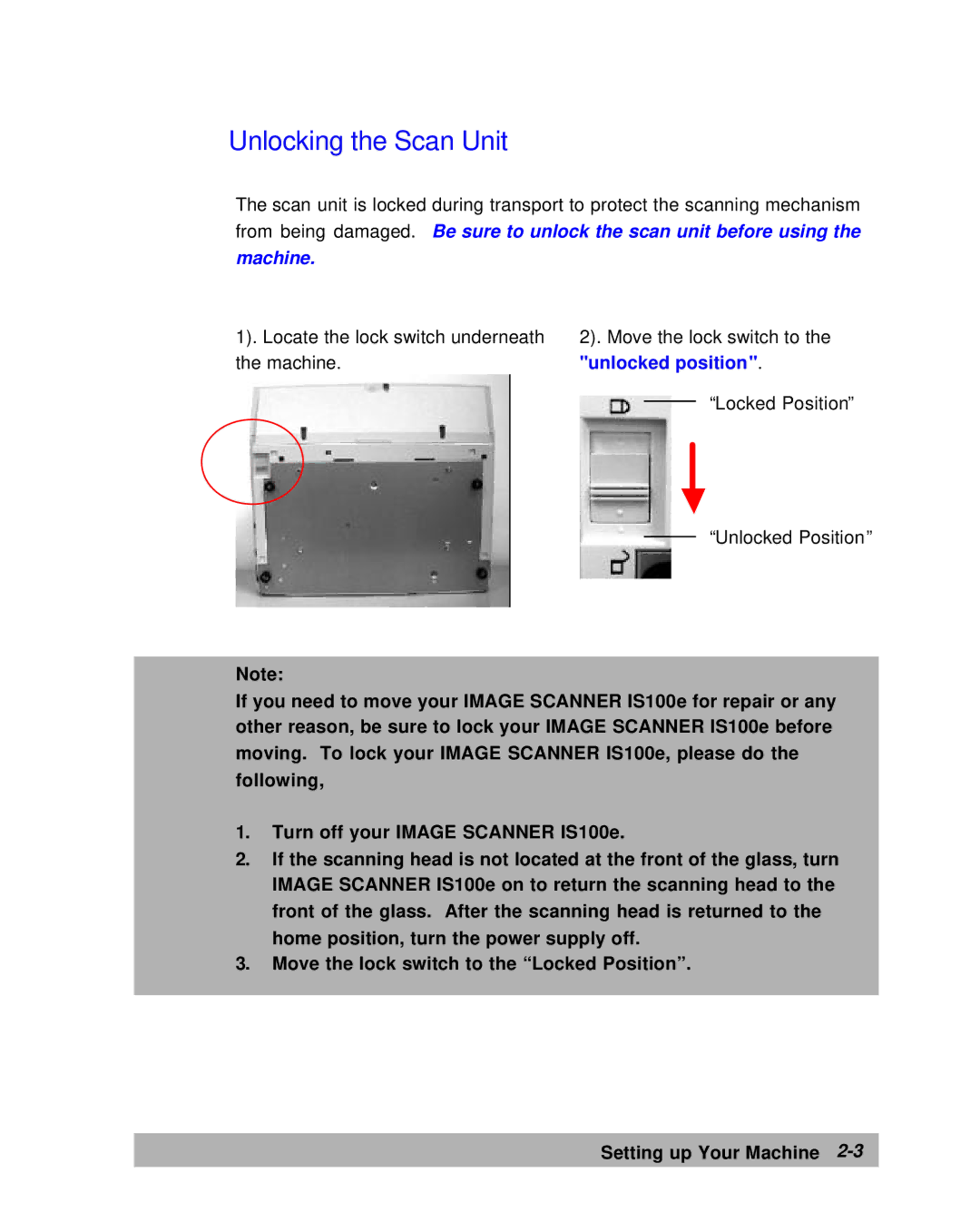 Lanier IS100e manual Unlocking the Scan Unit, Machine 