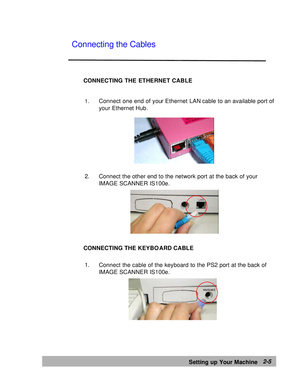 Lanier IS100e manual Connecting the Cables, Connecting the Ethernet Cable, Connecting the Keyboard Cable 