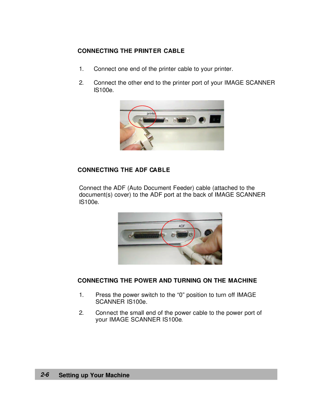 Lanier IS100e Connecting the Printer Cable, Connecting the ADF Cable, Connecting the Power and Turning on the Machine 