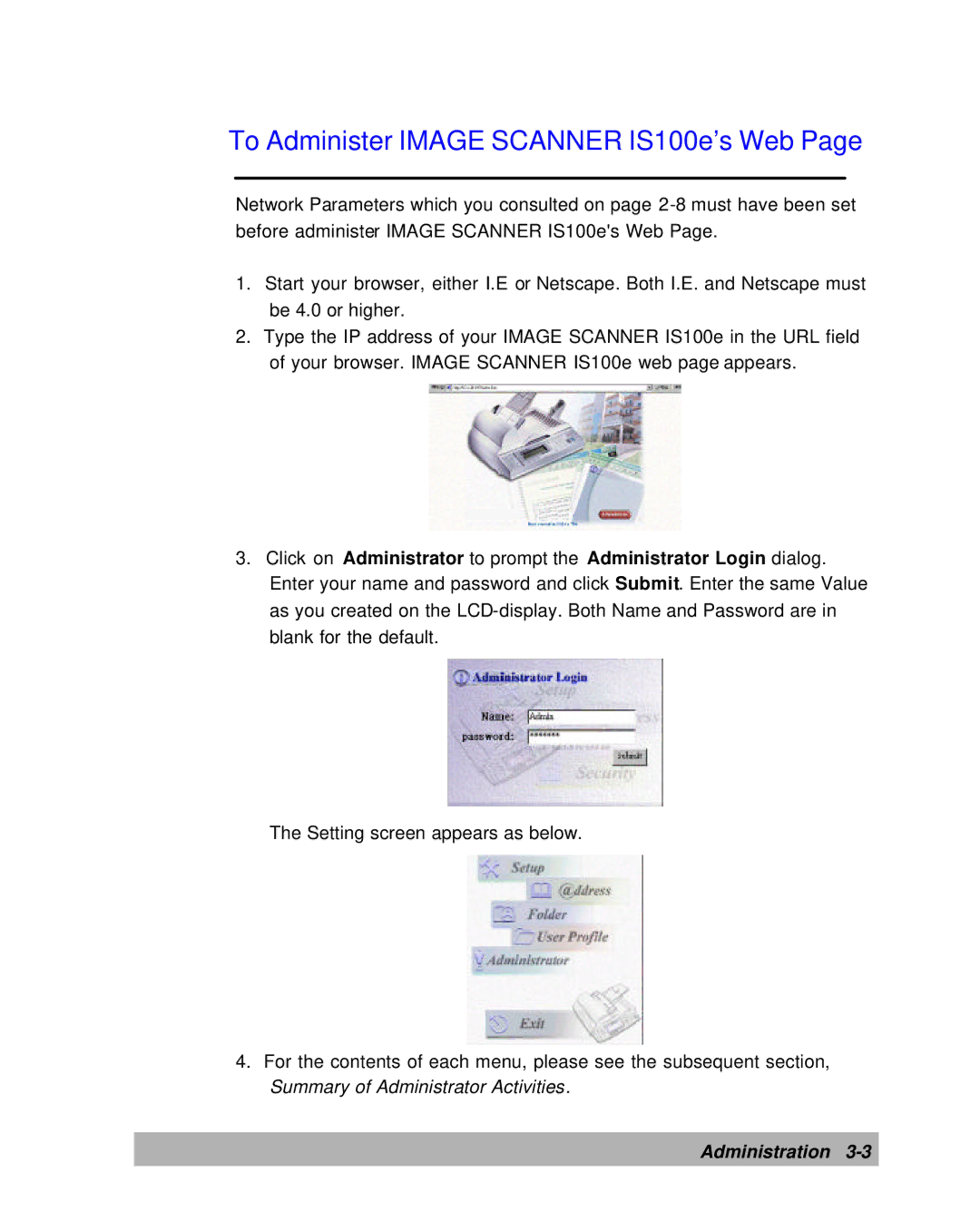 Lanier manual To Administer Image Scanner IS100e’s Web 