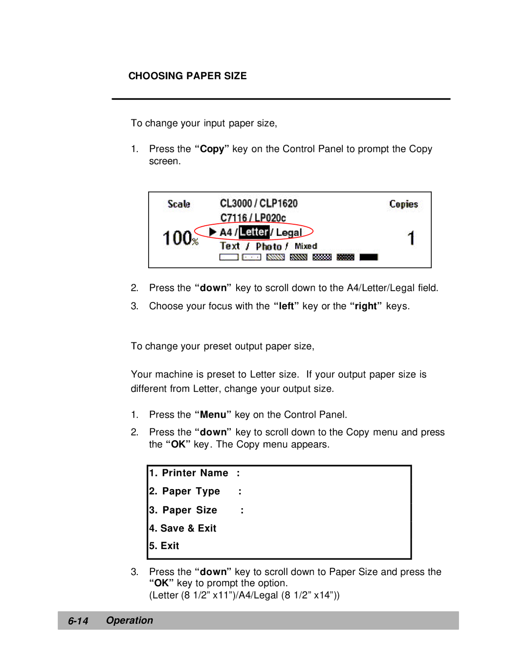 Lanier IS100e manual Choosing Paper Size, Printer Name Paper Type Paper Size Save & Exit 