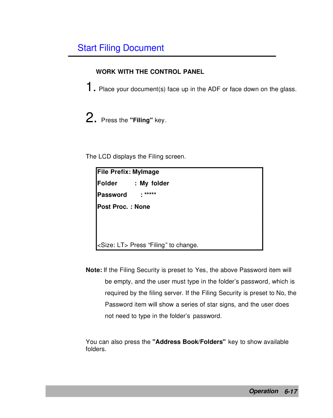 Lanier IS100e manual Start Filing Document, Work with the Control Panel 