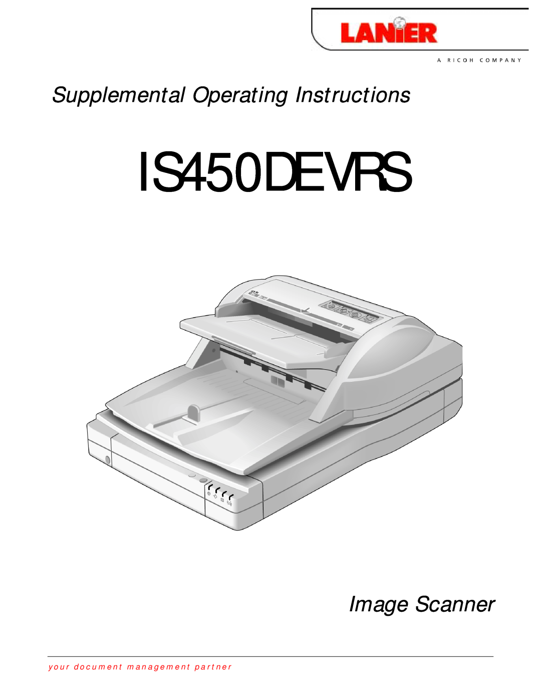 Lanier manual IS450DE VRS, Supplemental Operating Instructions, Image Scanner, your document management partner 